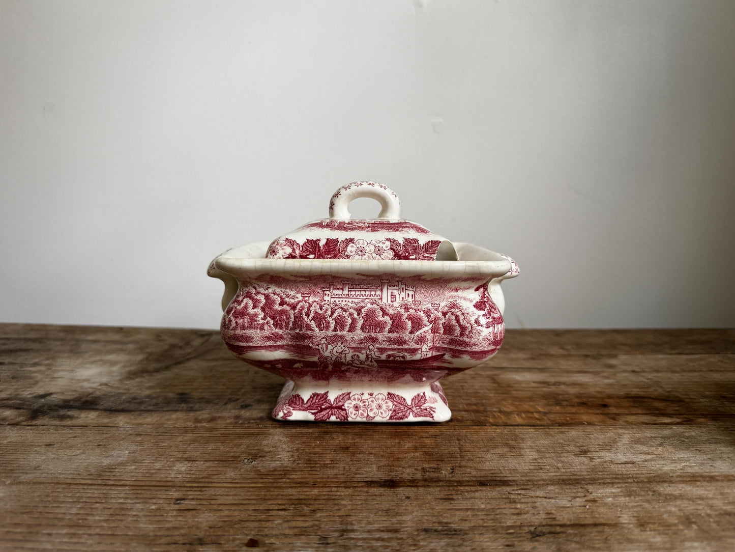 Antique Red Transferware Covered Sugar Bowl Double Handle Ironstone Gravy Spoon Slot