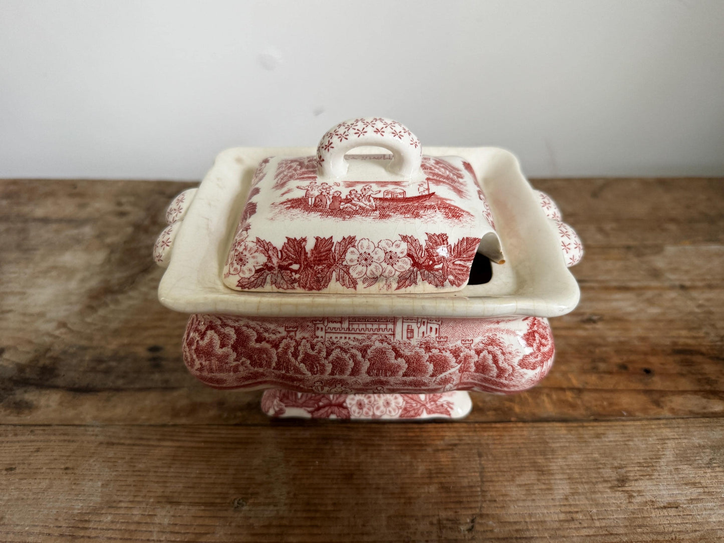 Antique Red Transferware Covered Sugar Bowl Double Handle Ironstone Gravy Spoon Slot