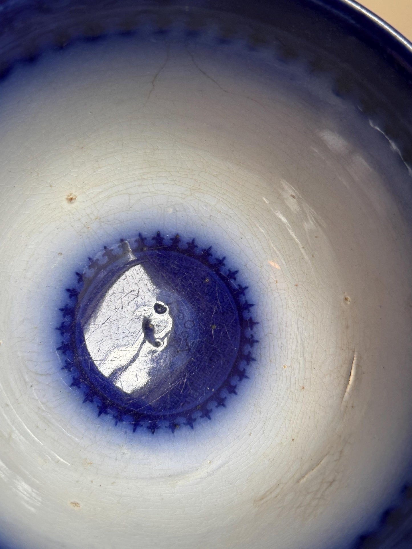 Antique Flow Blue Ironstone Waste Bowl James Edwards Royal Arms Mark 1840s Staffordshire England