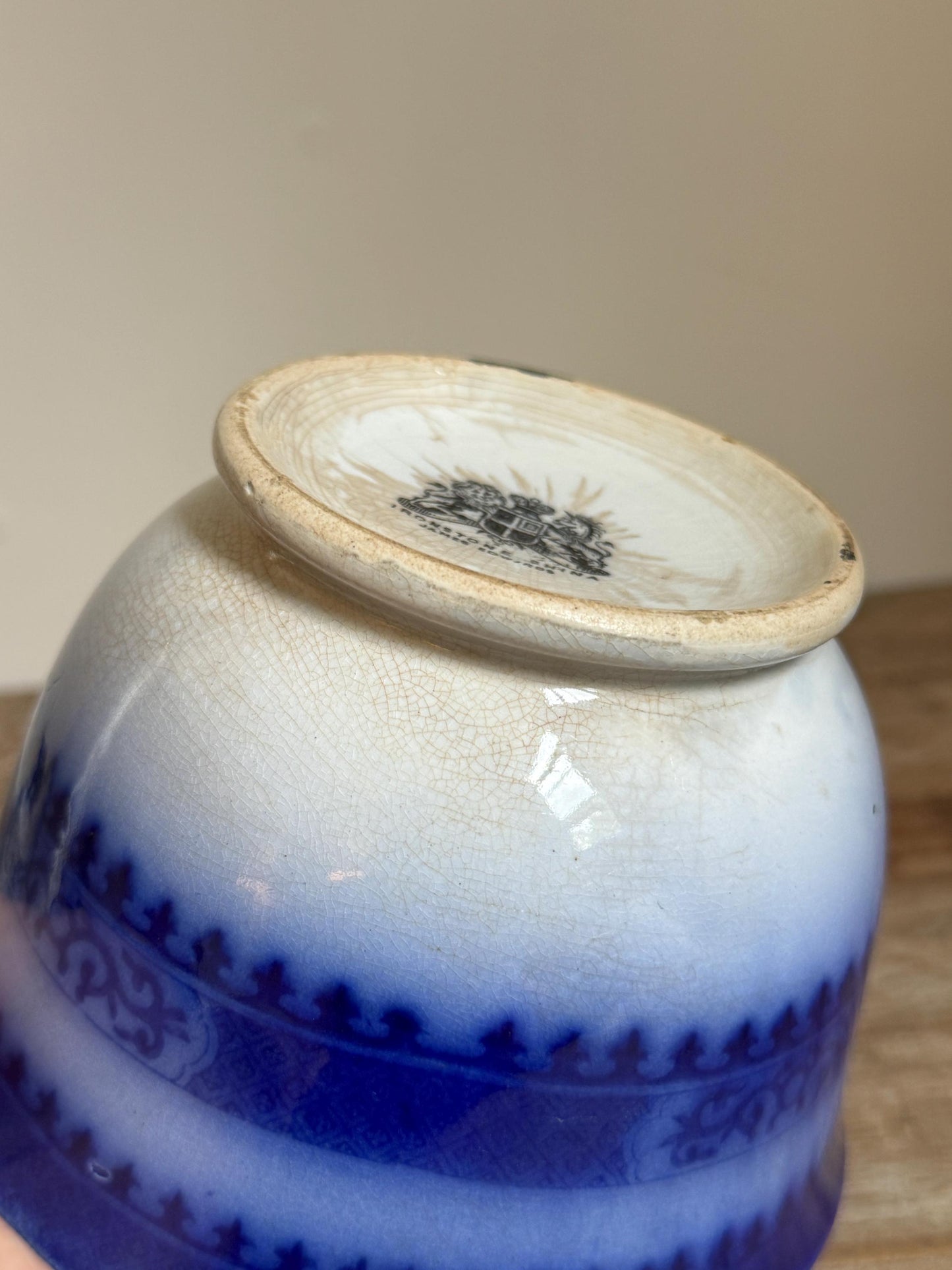 Antique Flow Blue Ironstone Waste Bowl James Edwards Royal Arms Mark 1840s Staffordshire England