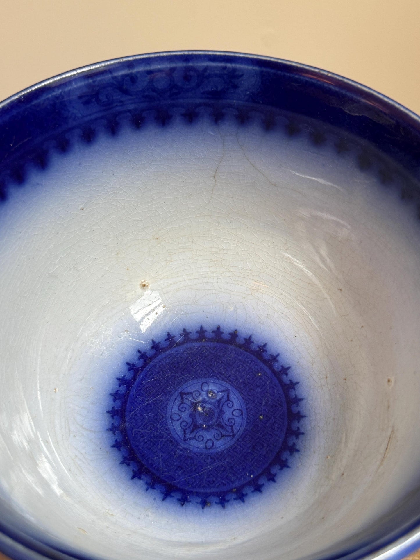 Antique Flow Blue Ironstone Waste Bowl James Edwards Royal Arms Mark 1840s Staffordshire England