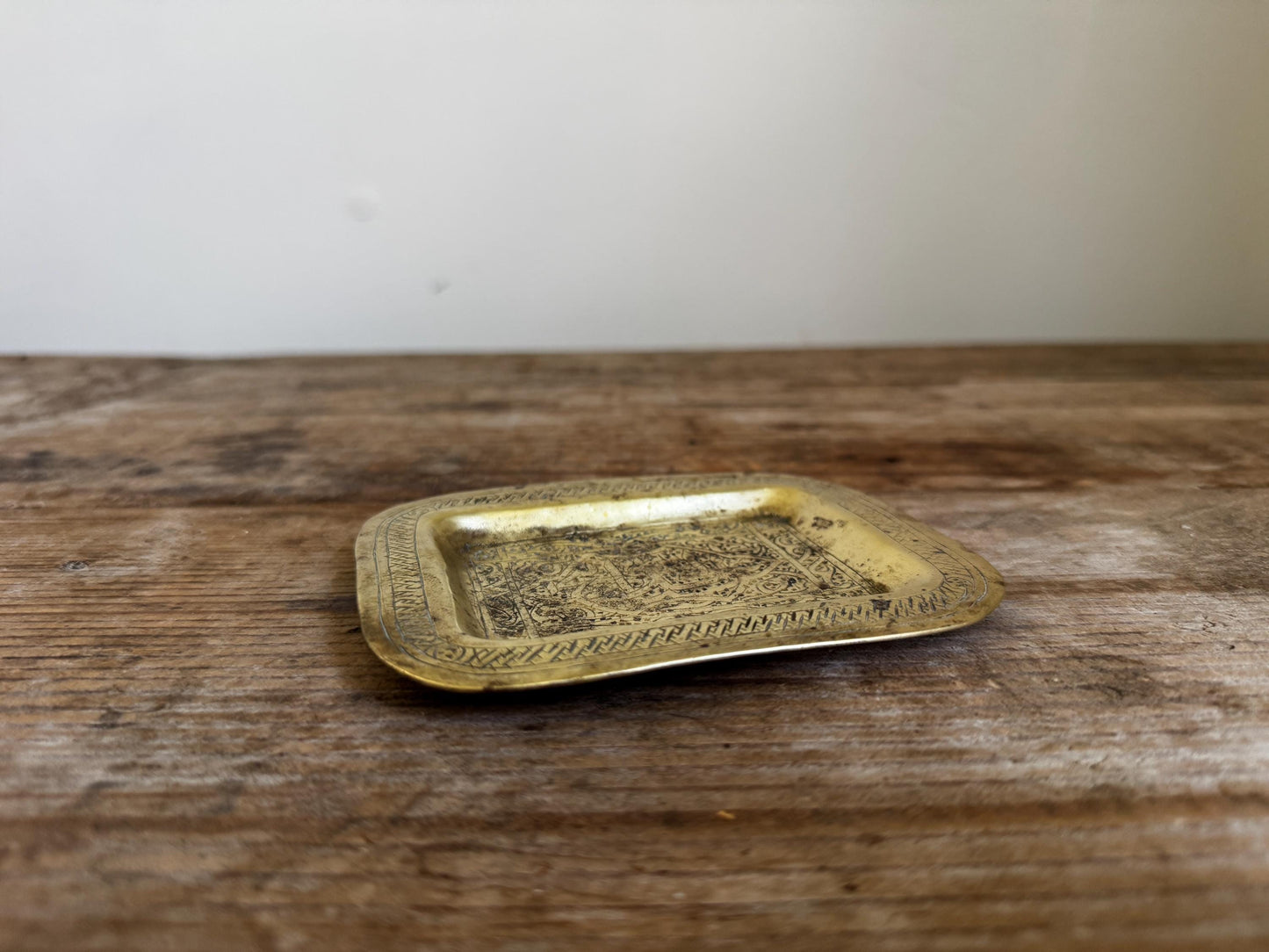 Vintage Engraved Brass Tray Middle Eastern Islamic Cairoware Trinket Dish Small Vide Poche
