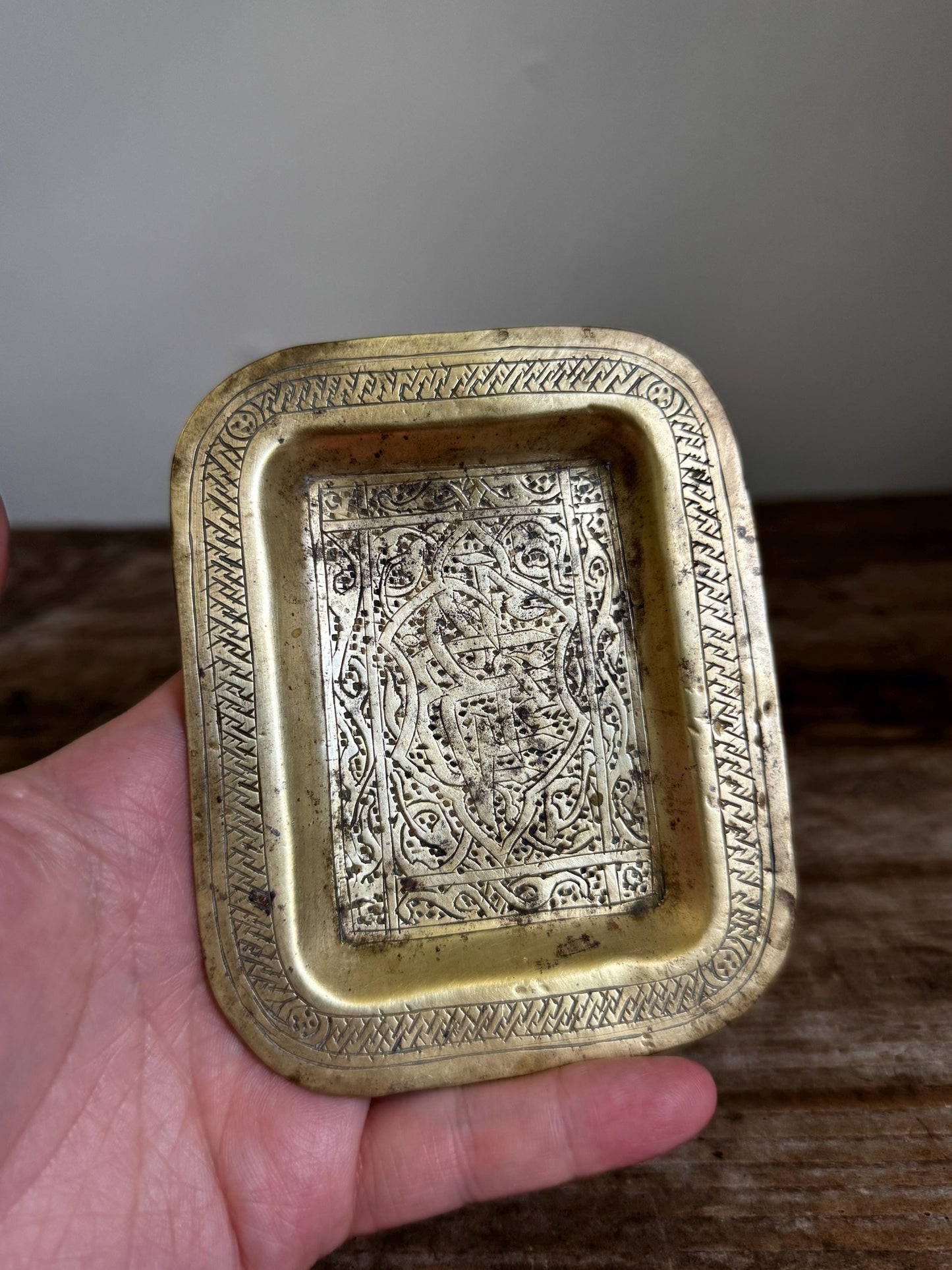 Vintage Engraved Brass Tray Middle Eastern Islamic Cairoware Trinket Dish Small Vide Poche