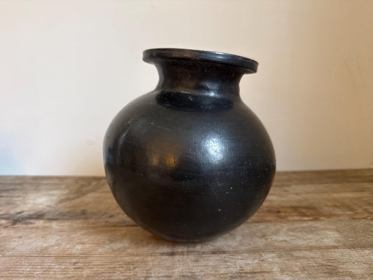 Vintage Mexican Black Clay Vase Pottery Vessel Barro Negro Style Globular Form Oaxaca 7.5 Inch