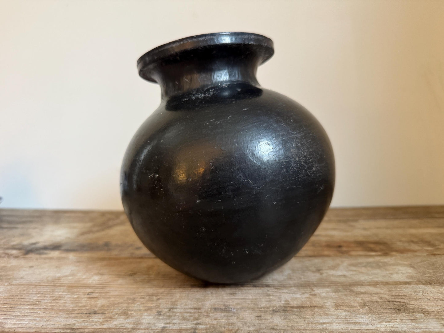 Vintage Mexican Black Clay Vase Pottery Vessel Barro Negro Style Globular Form Oaxaca 7.5 Inch