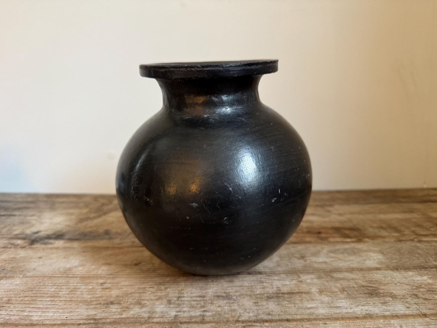 Vintage Mexican Black Clay Vase Pottery Vessel Barro Negro Style Globular Form Oaxaca 7.5 Inch
