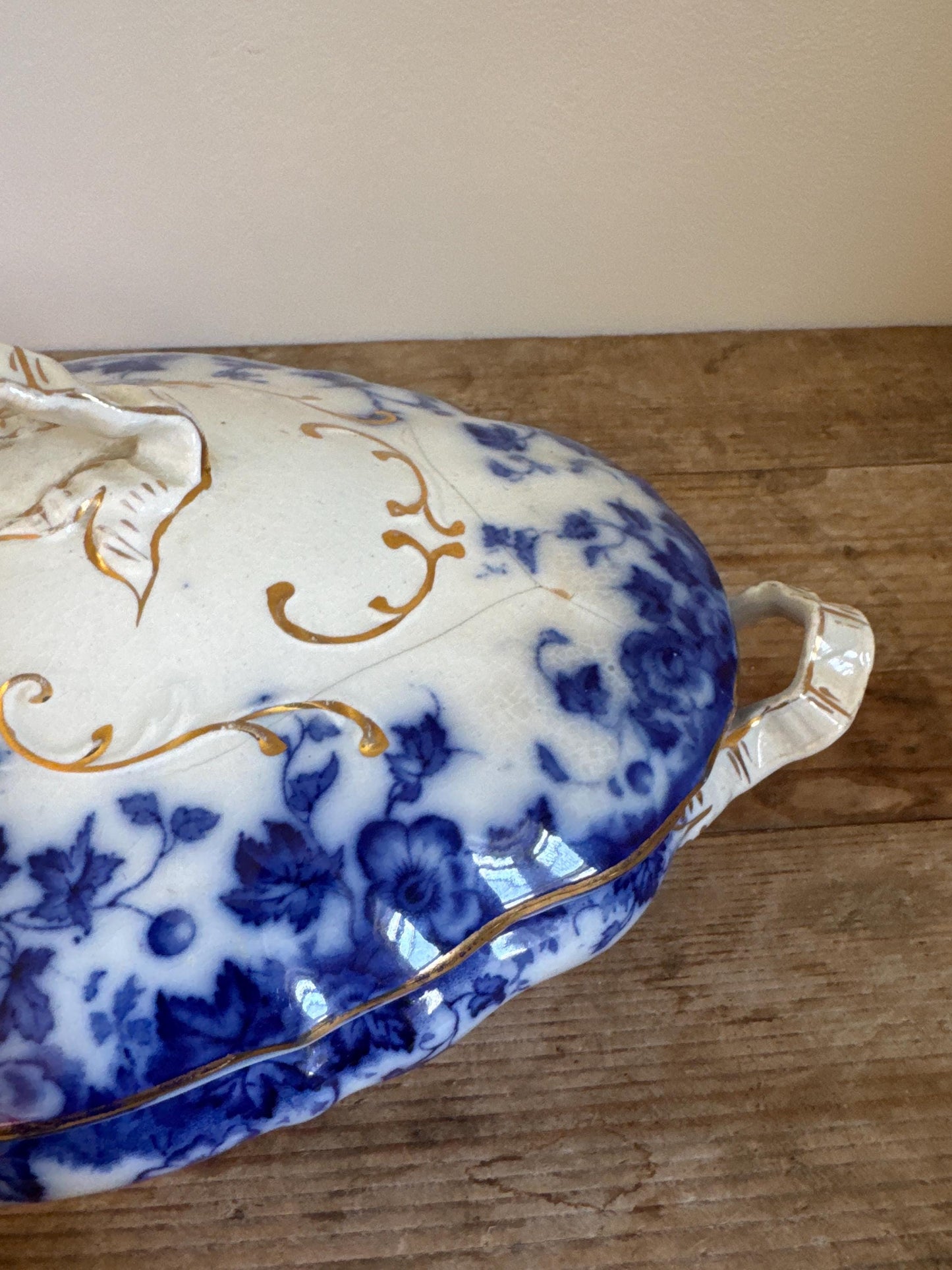 Antique Burgess & Leigh Vermont Covered Flow Blue Ironstone Covered Vegetable Dish Tureen