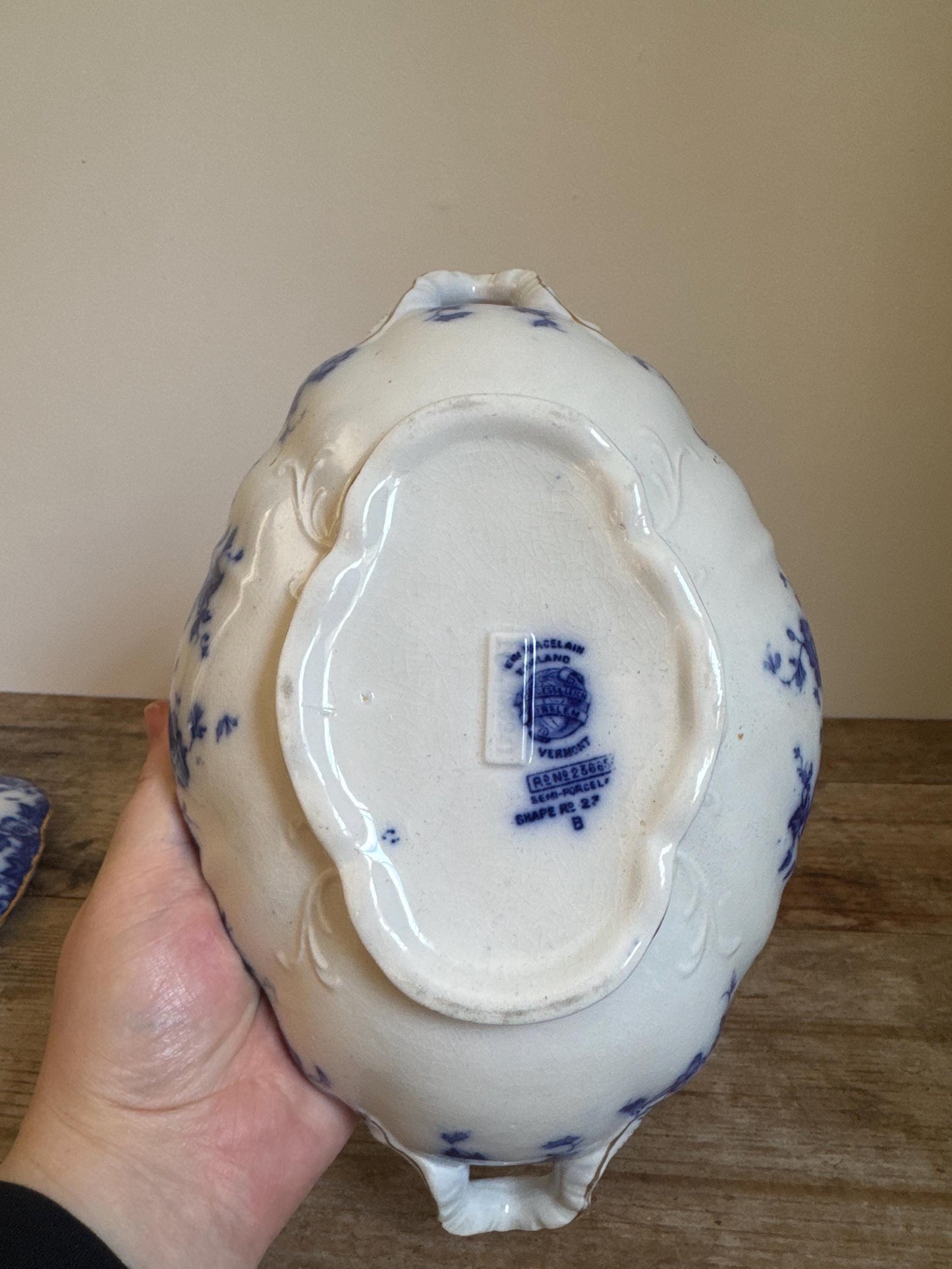 Antique Burgess & Leigh Vermont Covered Flow Blue Ironstone Covered Vegetable Dish Tureen