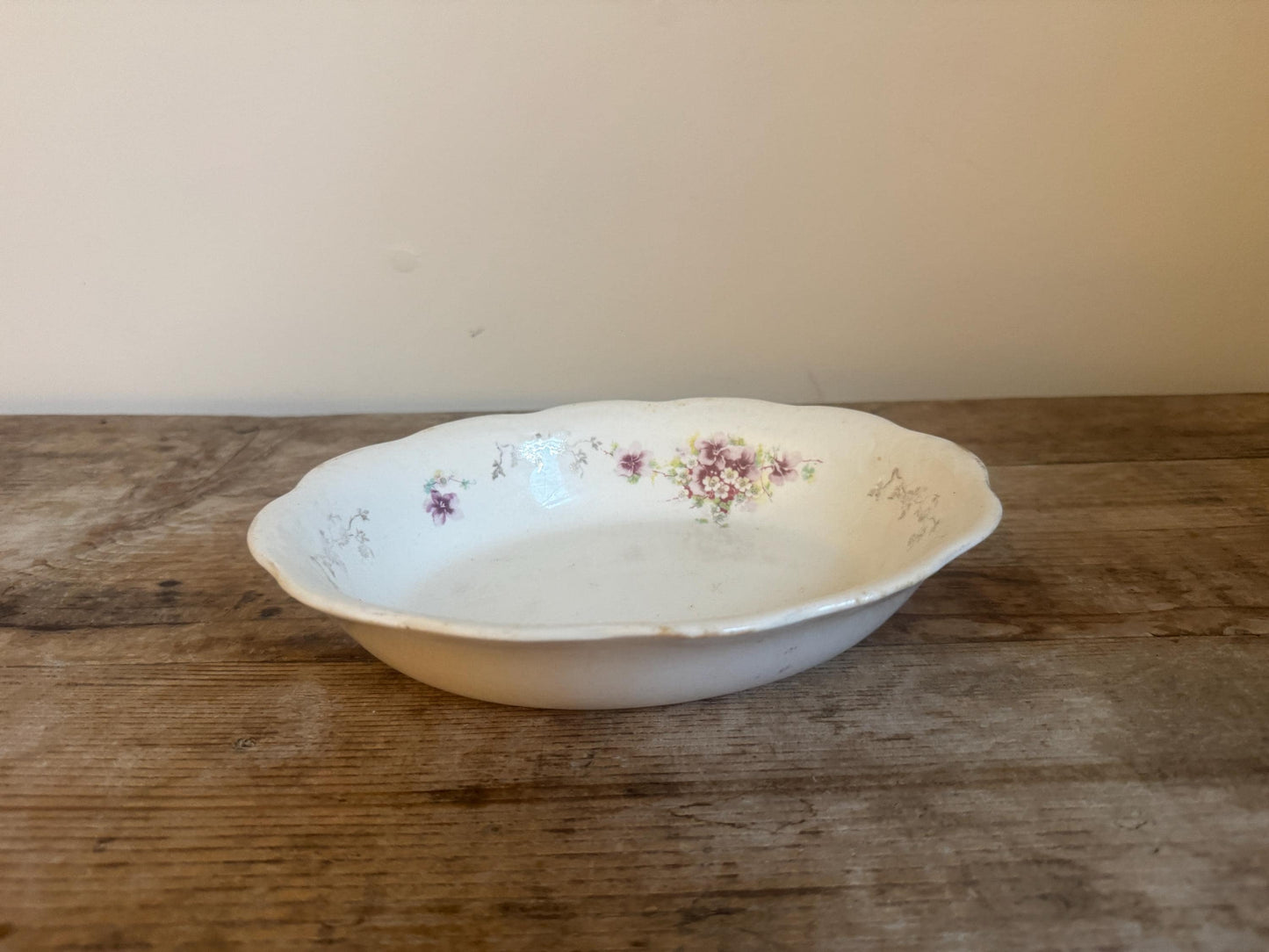 Antique White TST Taylor Smith Taylor Co. China Floral 9.25" Vegetable Dish Serving Piece Scalloped