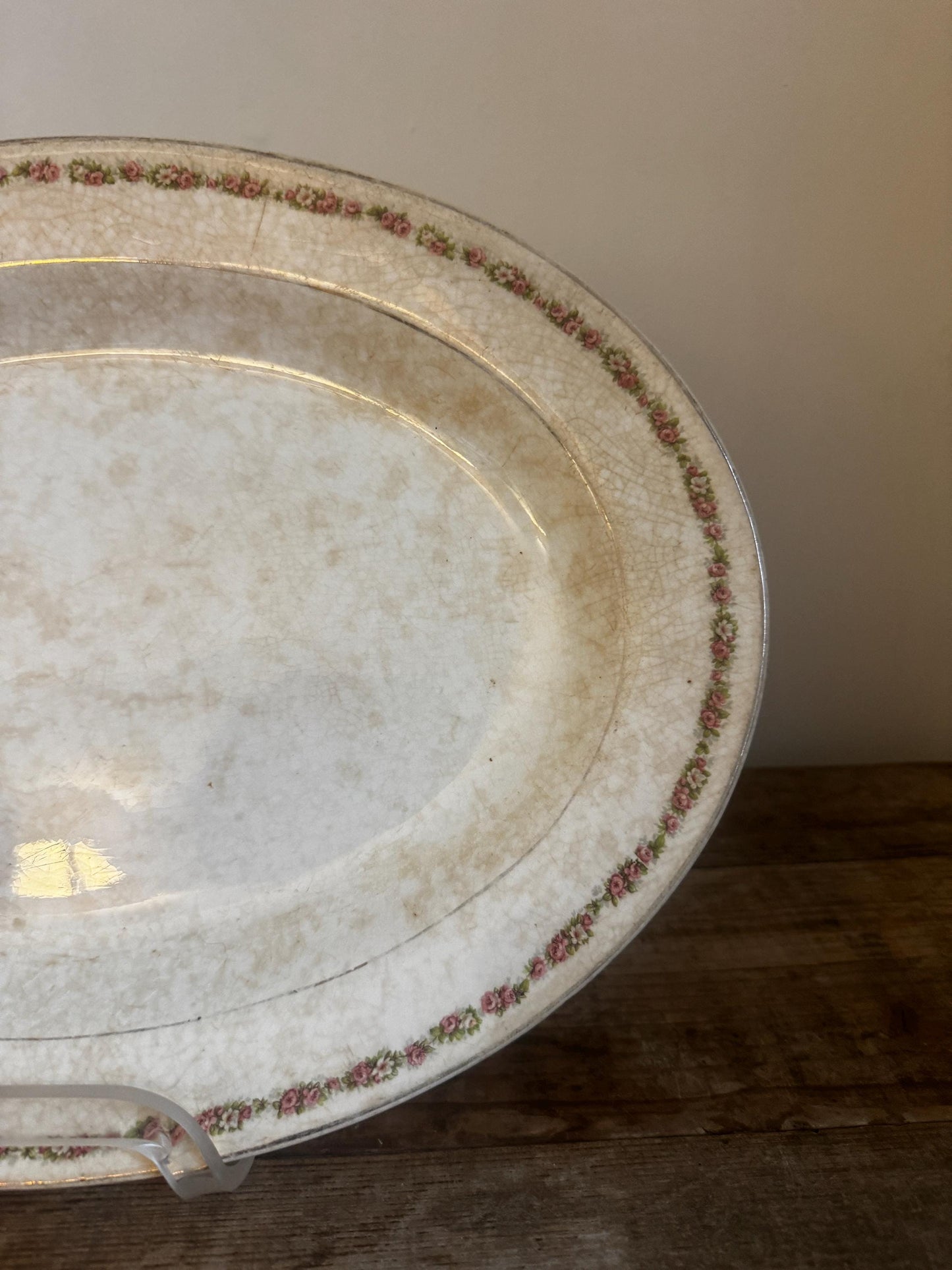 Antique Knowles Taylor Knowles KT&K Floral China Transferware Platter Distressed Crazed Plate Oval Dish