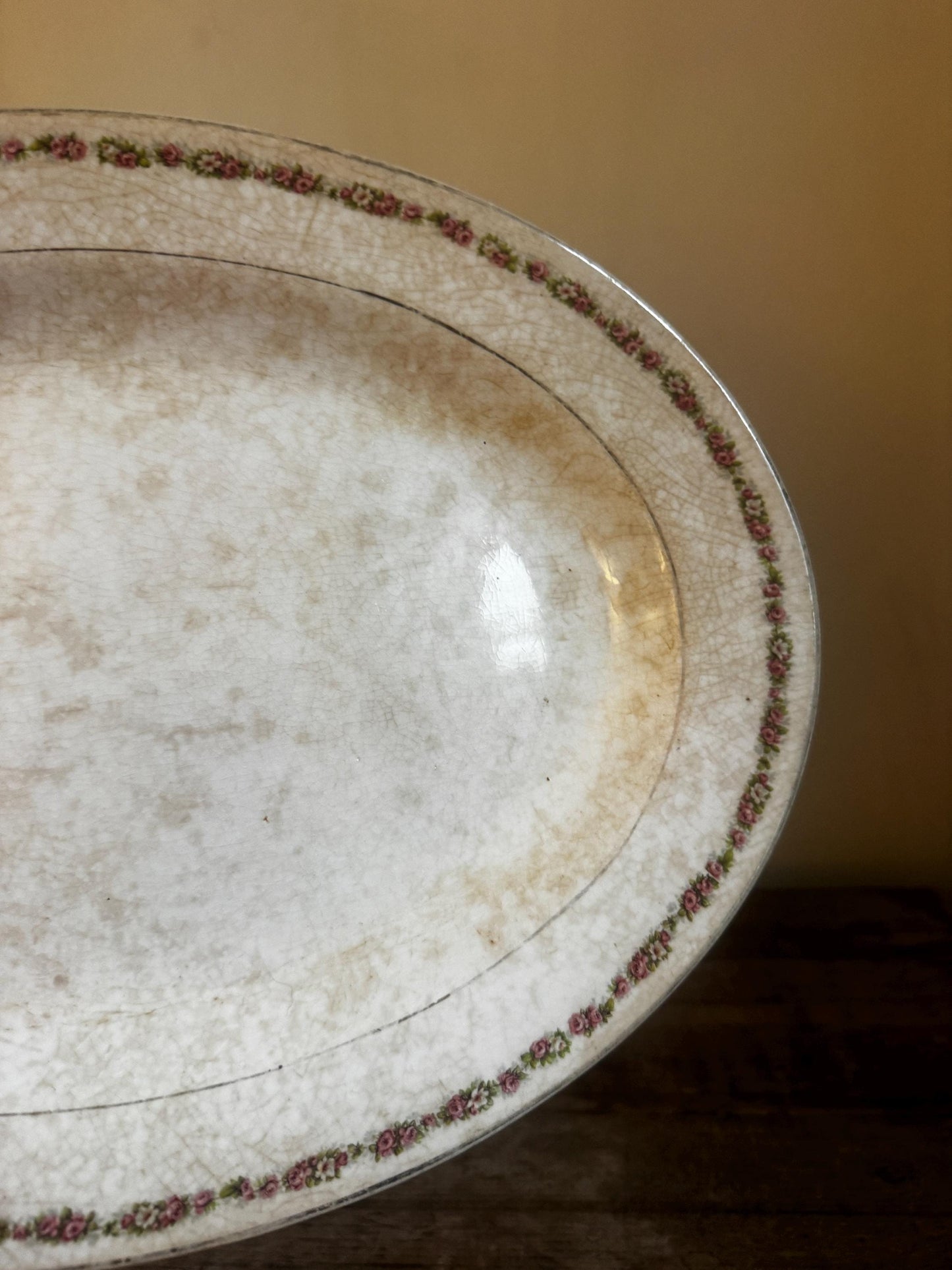Antique Knowles Taylor Knowles KT&K Floral China Transferware Platter Distressed Crazed Plate Oval Dish
