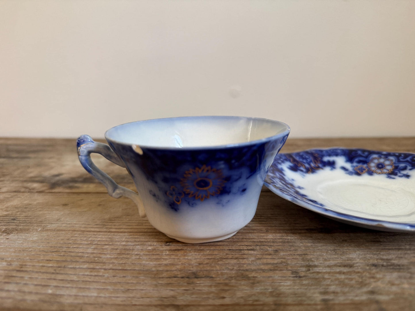 Antique Johnson Brothers Brooklyn Flow Blue Cup Saucer Custard Footed Cup White Teacup