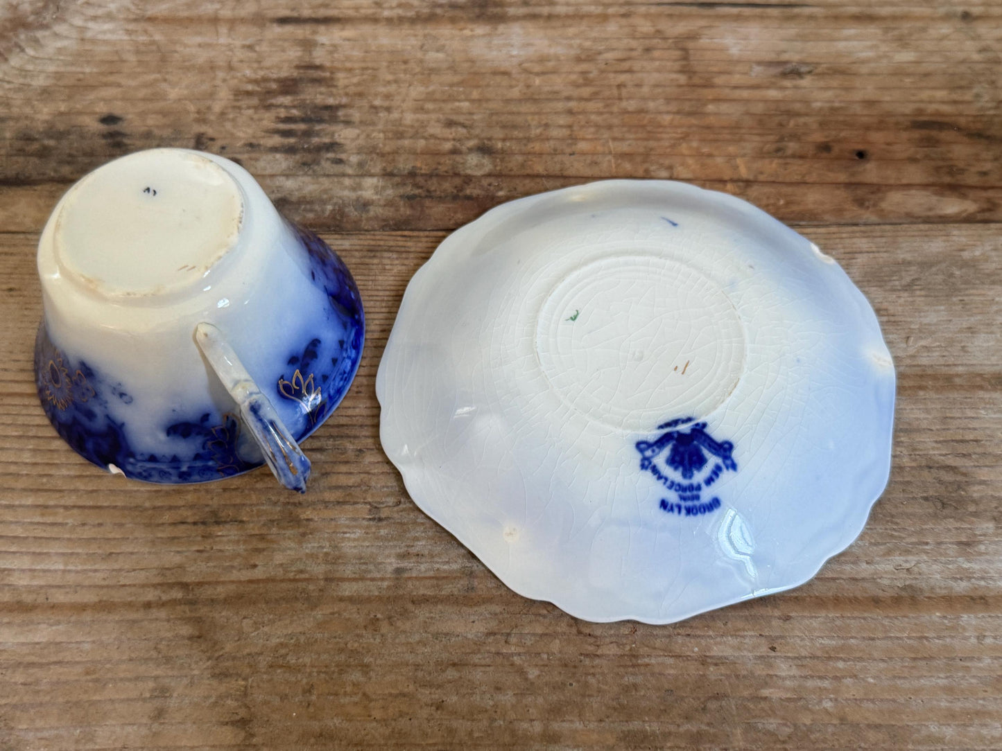 Antique Johnson Brothers Brooklyn Flow Blue Cup Saucer Custard Footed Cup White Teacup