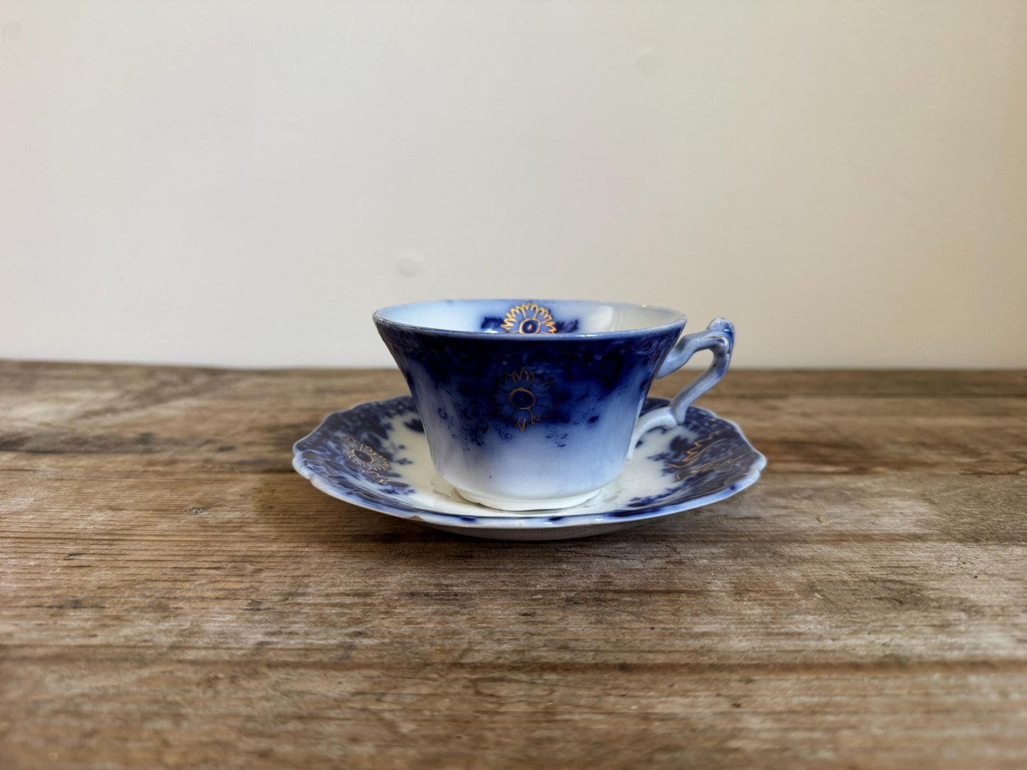 Antique Johnson Brothers Brooklyn Flow Blue Cup Saucer Custard Footed Cup White Teacup