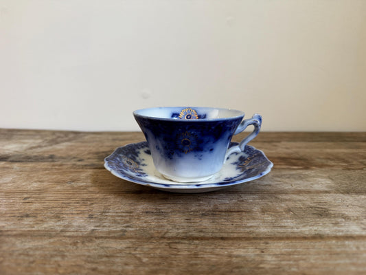 Antique Johnson Brothers Brooklyn Flow Blue Cup Saucer Custard Footed Cup White Teacup