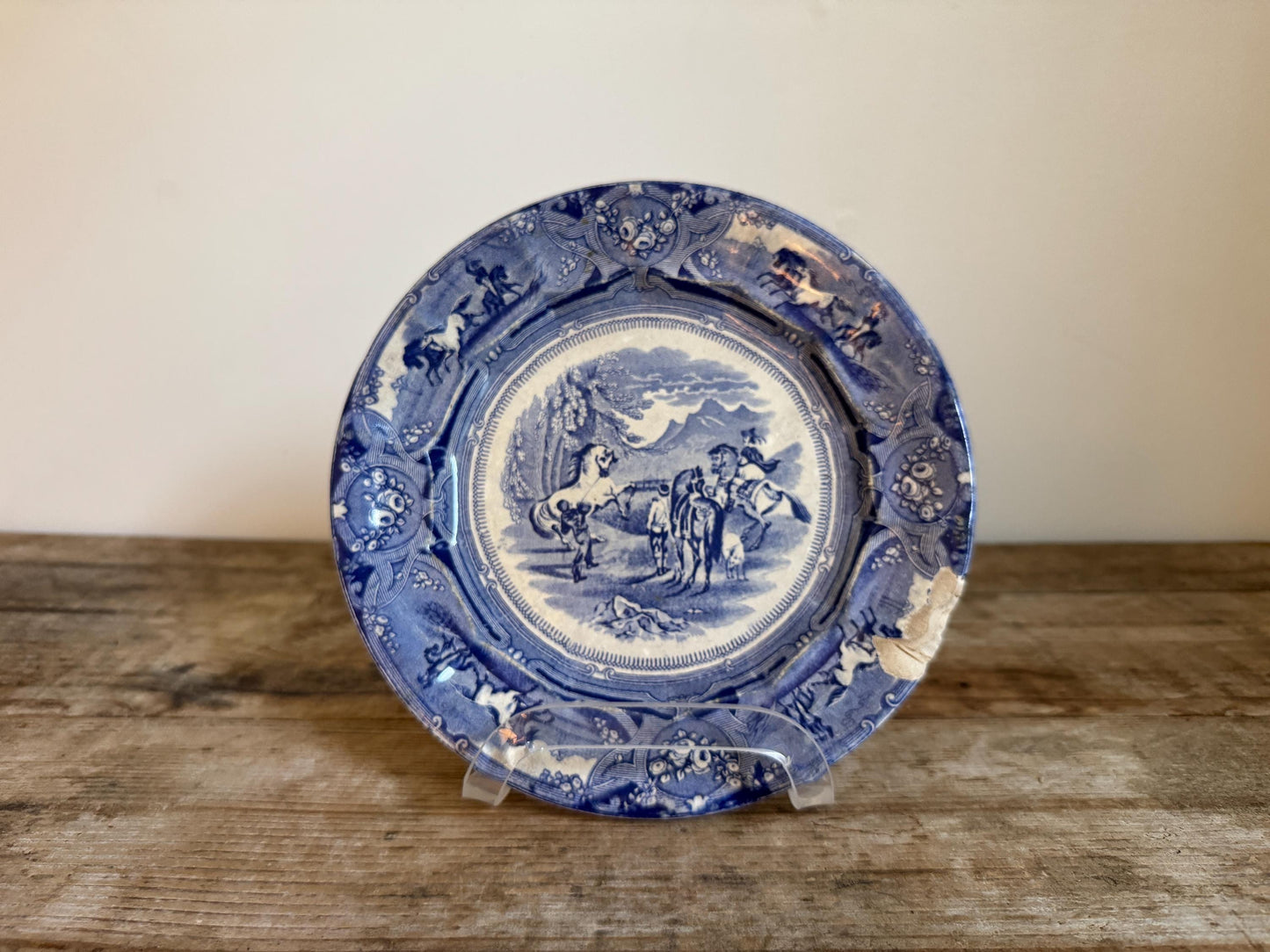 Antique Shaws Peruvian Horse Hunt Ironstone Blue Plate Decor Plate Transferware 1830s 1840s 1850s