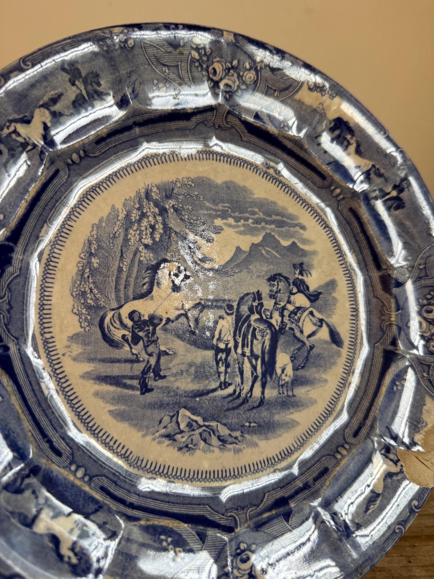 Antique Shaws Peruvian Horse Hunt Ironstone Blue Plate Decor Plate Transferware 1830s 1840s 1850s