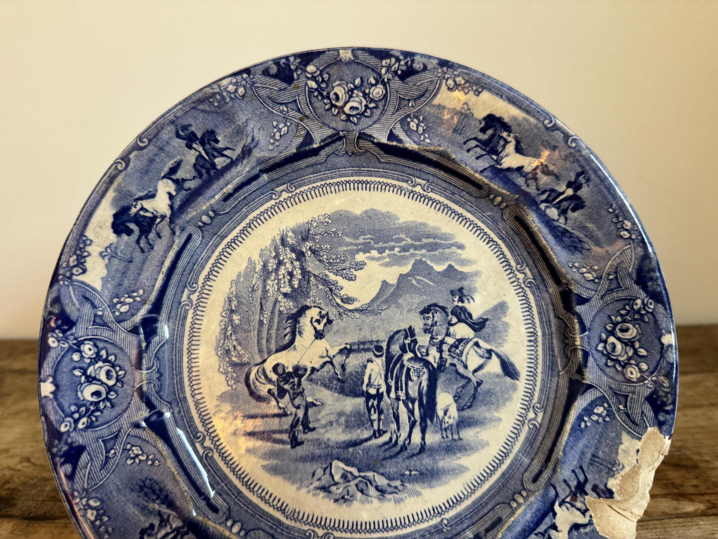 Antique Shaws Peruvian Horse Hunt Ironstone Blue Plate Decor Plate Transferware 1830s 1840s 1850s