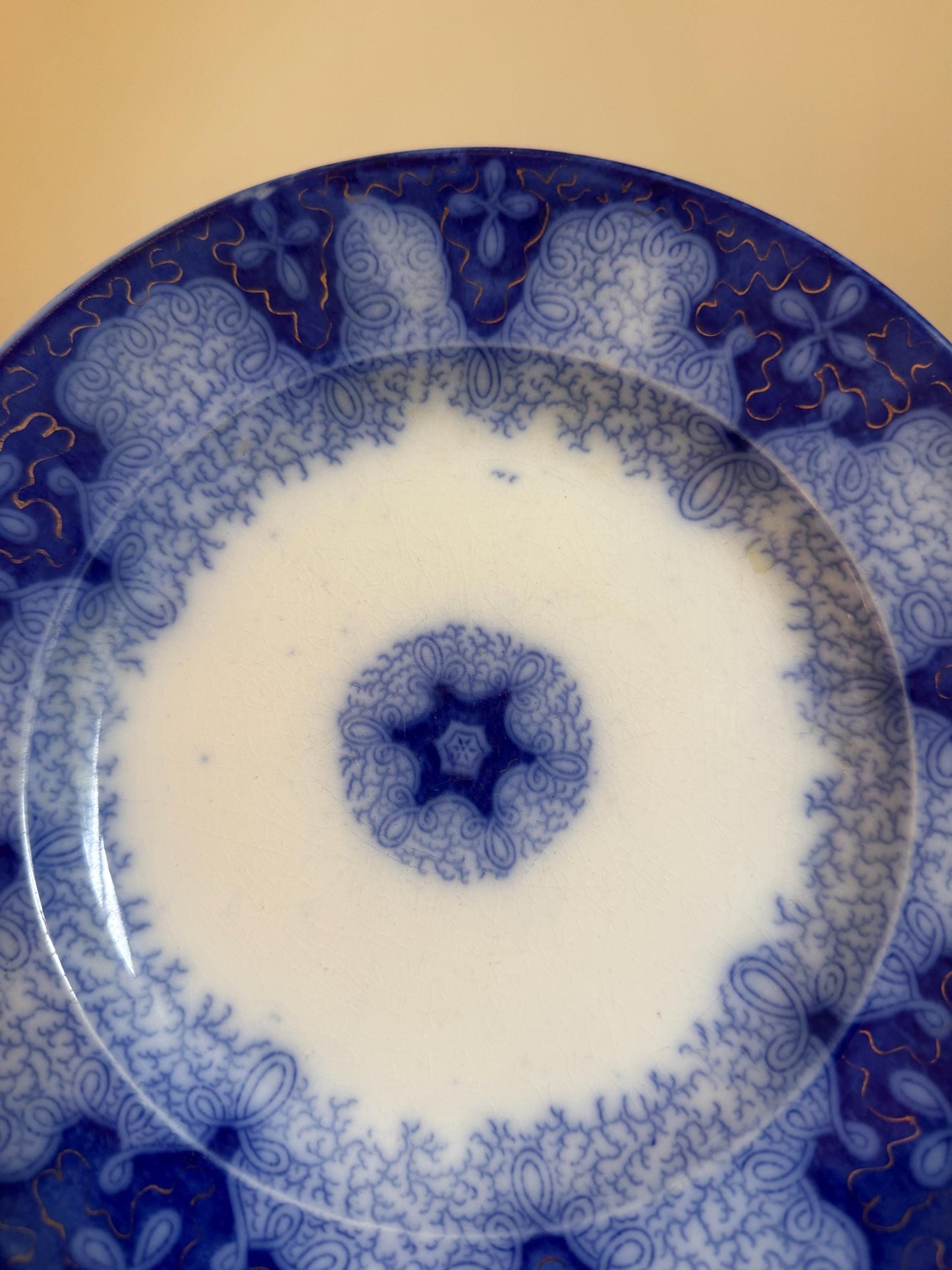 Antique Flow Blue Gold Ironstone Blue Plate 9" Decor Plate Transferware