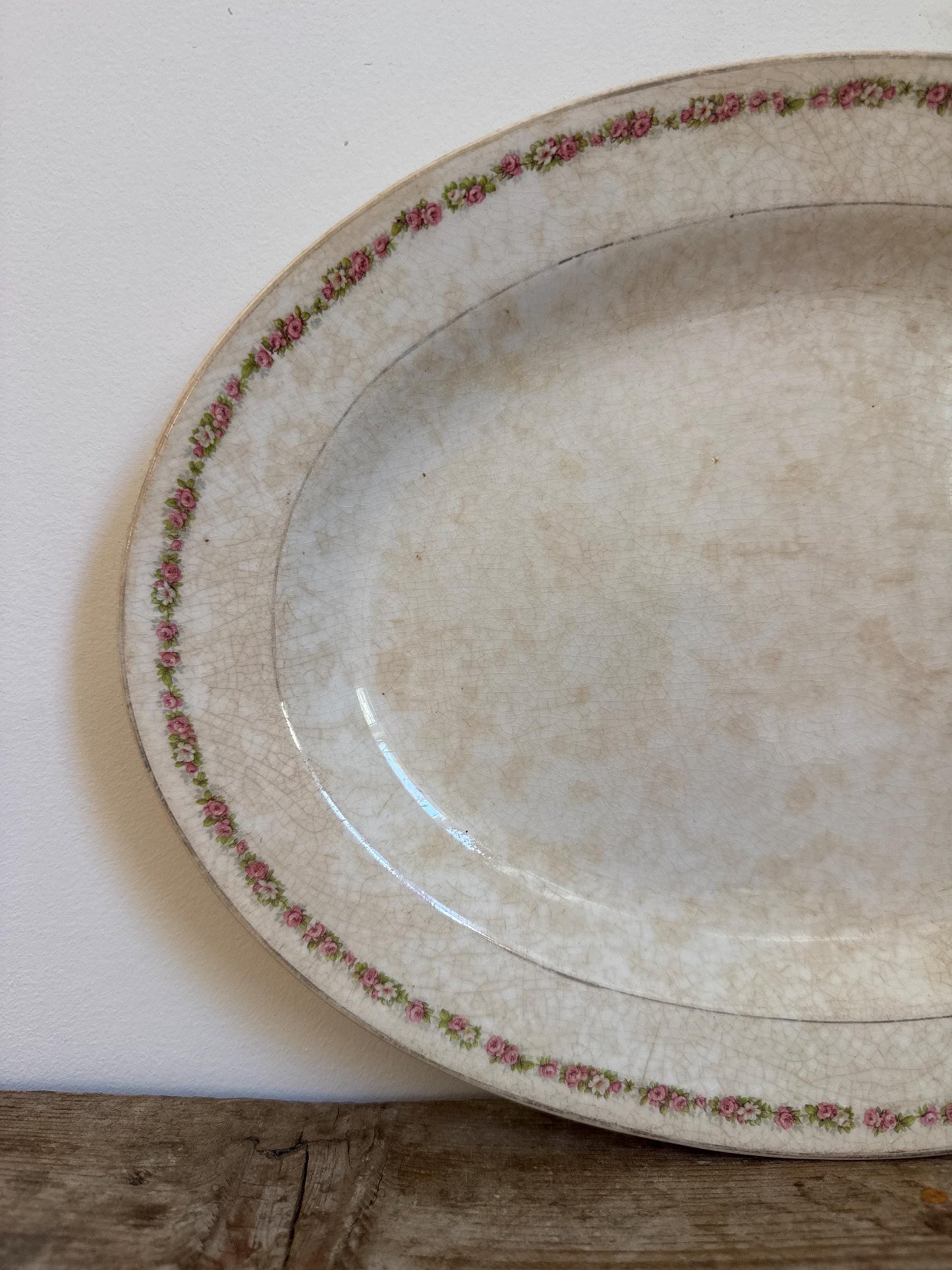 Antique Knowles Taylor Knowles KT&K Floral China Transferware Platter Distressed Crazed Plate Oval Dish