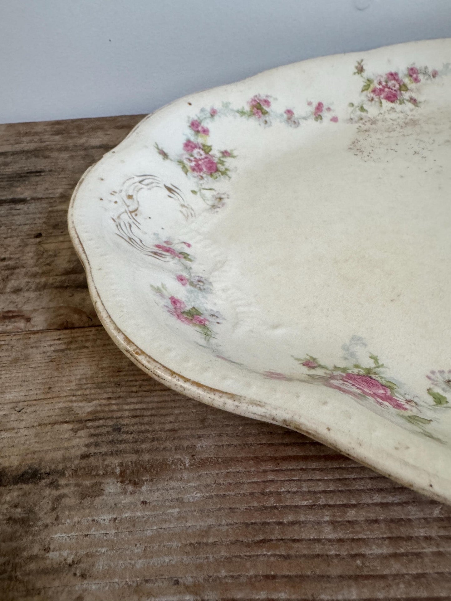 Antique Edwin M Knowles Floral China Transferware Platter Distressed Crazed Plate Scallop Oval Dish