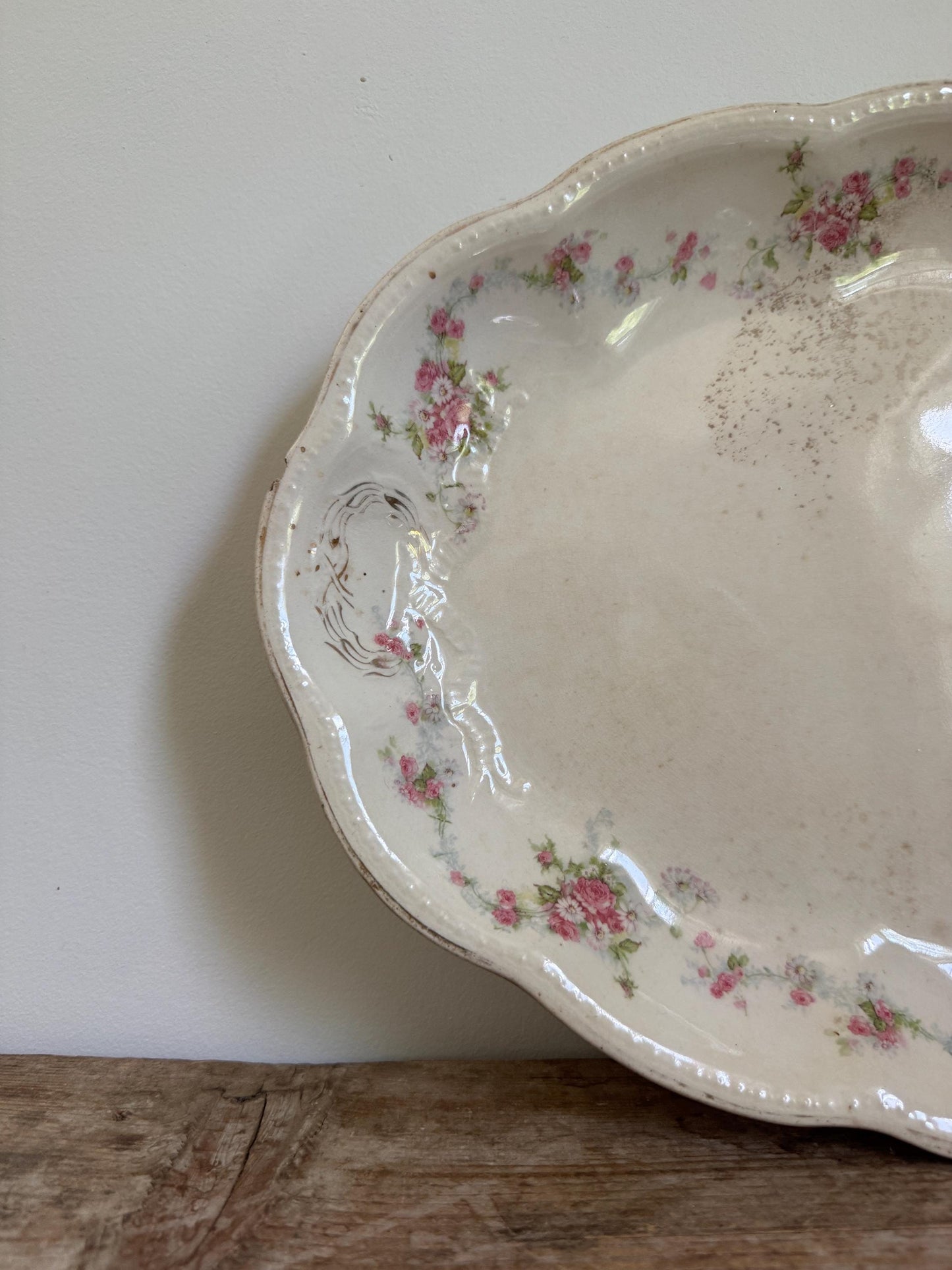 Antique Edwin M Knowles Floral China Transferware Platter Distressed Crazed Plate Scallop Oval Dish