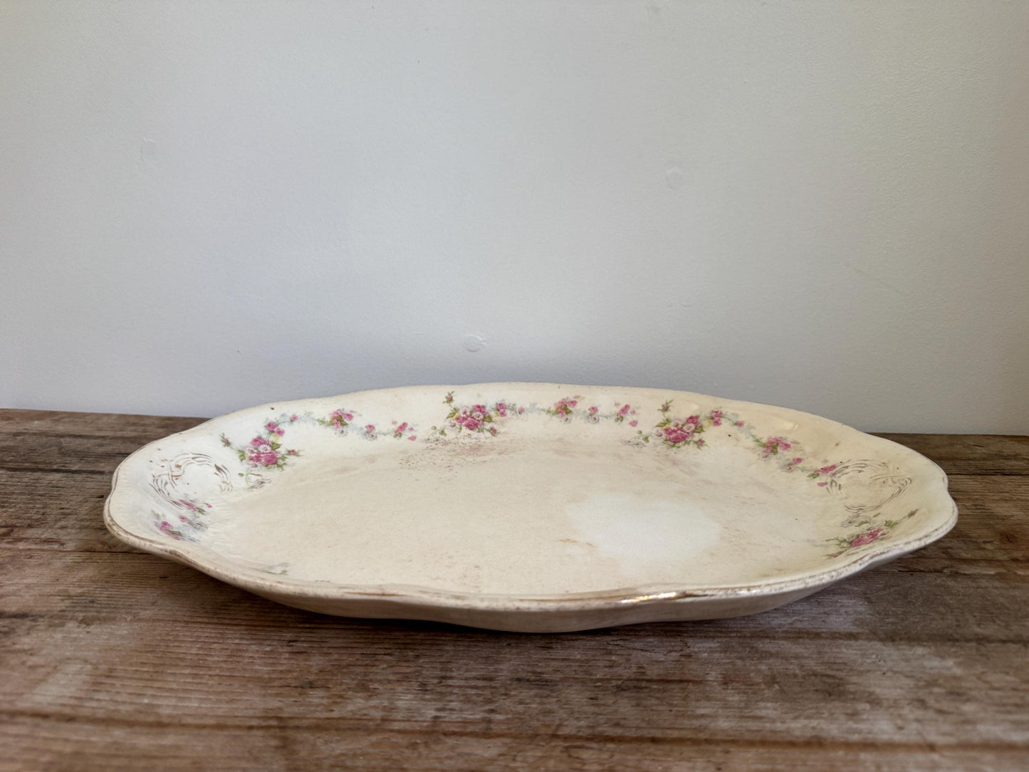 Antique Edwin M Knowles Floral China Transferware Platter Distressed Crazed Plate Scallop Oval Dish