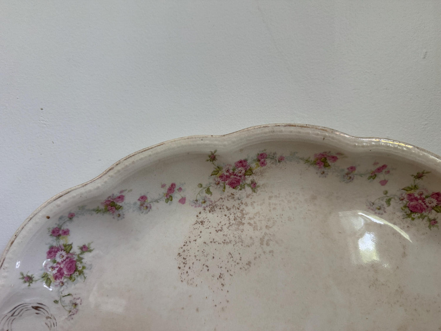 Antique Edwin M Knowles Floral China Transferware Platter Distressed Crazed Plate Scallop Oval Dish