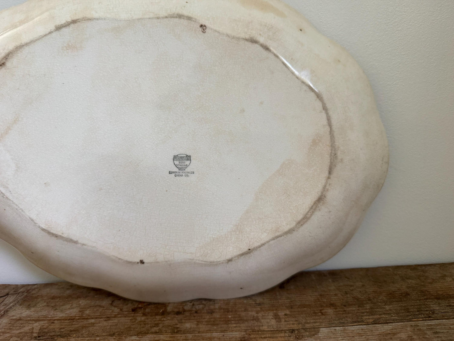 Antique Edwin M Knowles Floral China Transferware Platter Distressed Crazed Plate Scallop Oval Dish