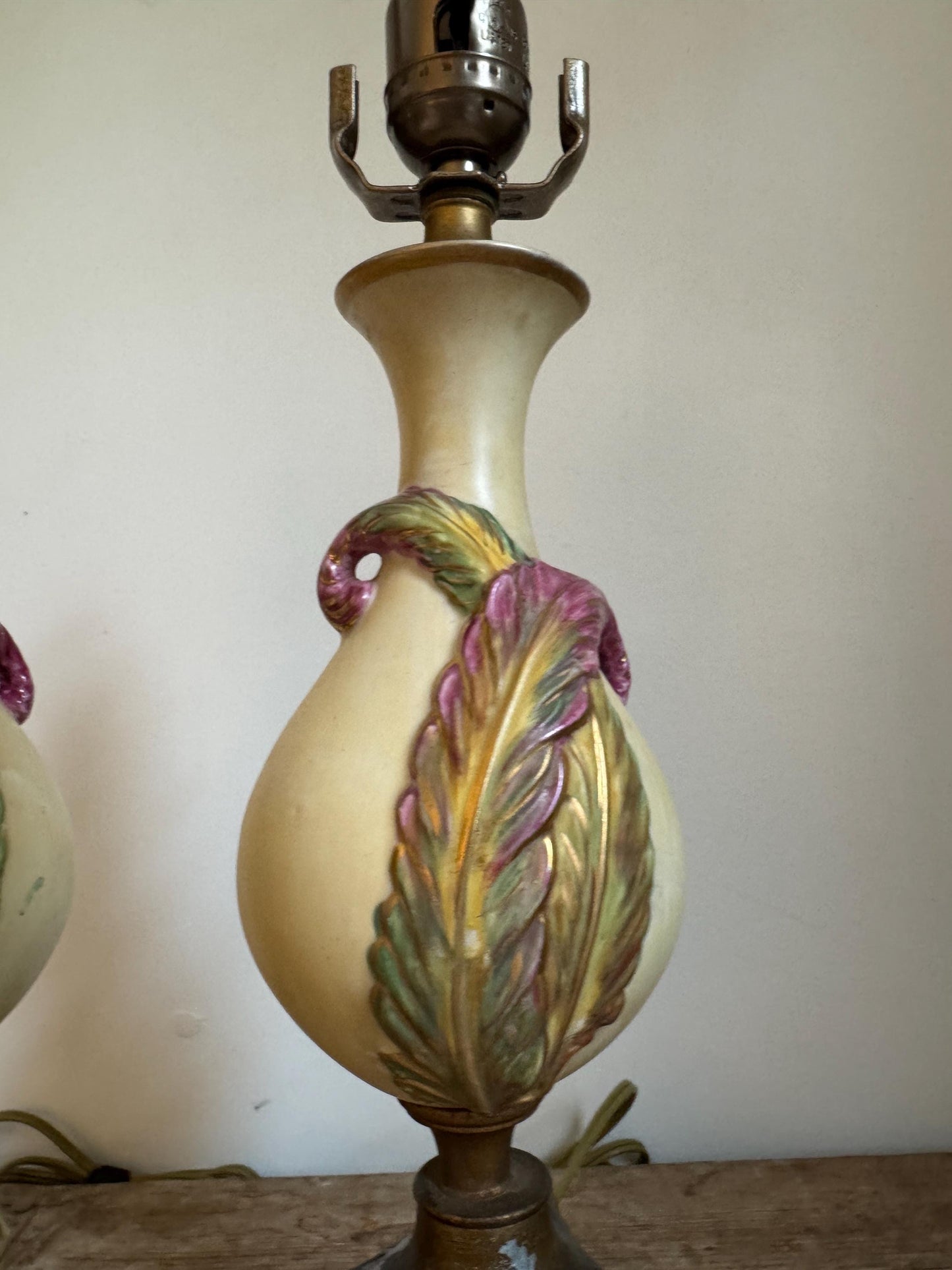 Antique Pair Chalkware Table Lamps Acanthus Leaf Relief Gilt Lion Mask Base