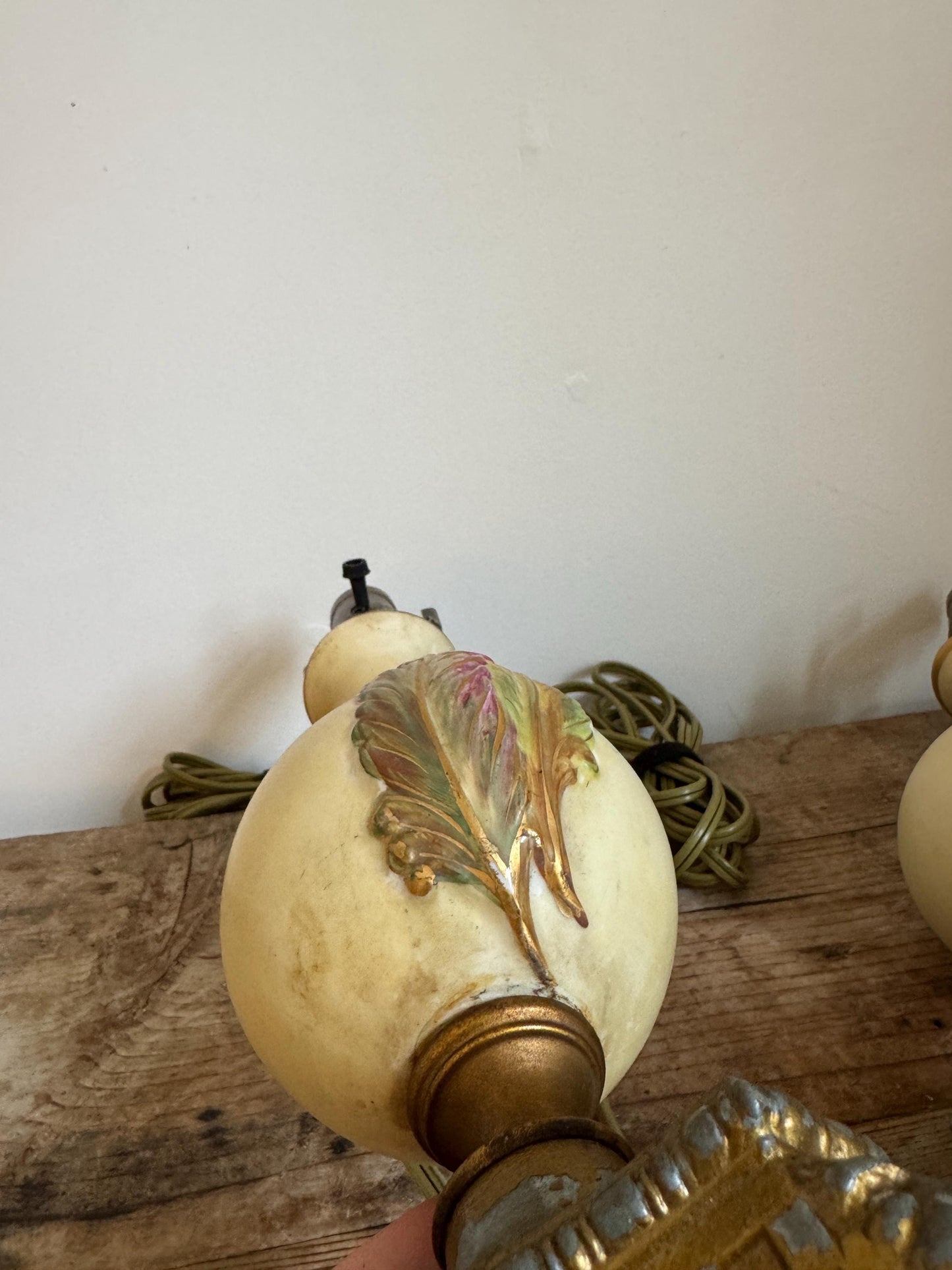 Antique Pair Chalkware Table Lamps Acanthus Leaf Relief Gilt Lion Mask Base