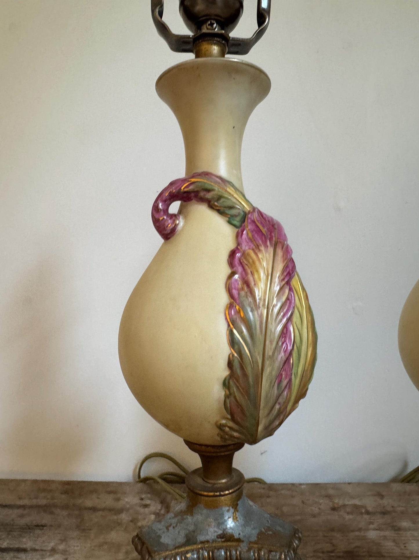 Antique Pair Chalkware Table Lamps Acanthus Leaf Relief Gilt Lion Mask Base