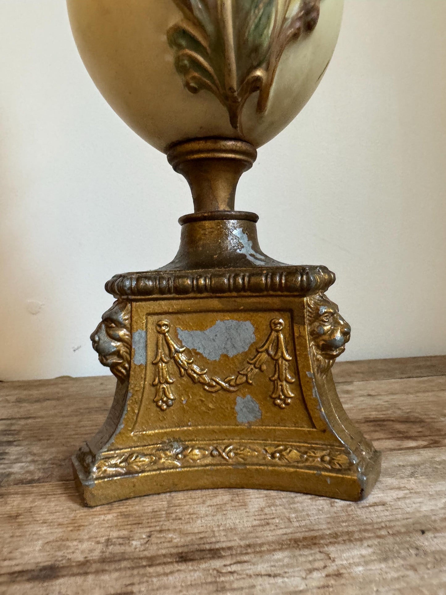 Antique Pair Chalkware Table Lamps Acanthus Leaf Relief Gilt Lion Mask Base