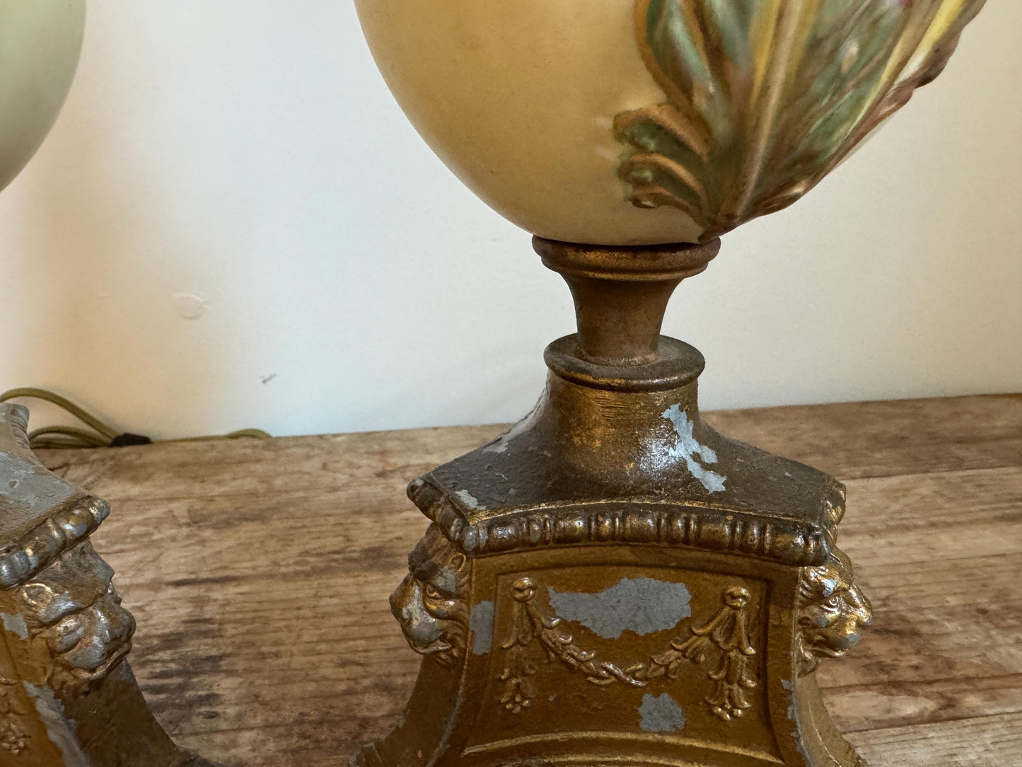 Antique Pair Chalkware Table Lamps Acanthus Leaf Relief Gilt Lion Mask Base