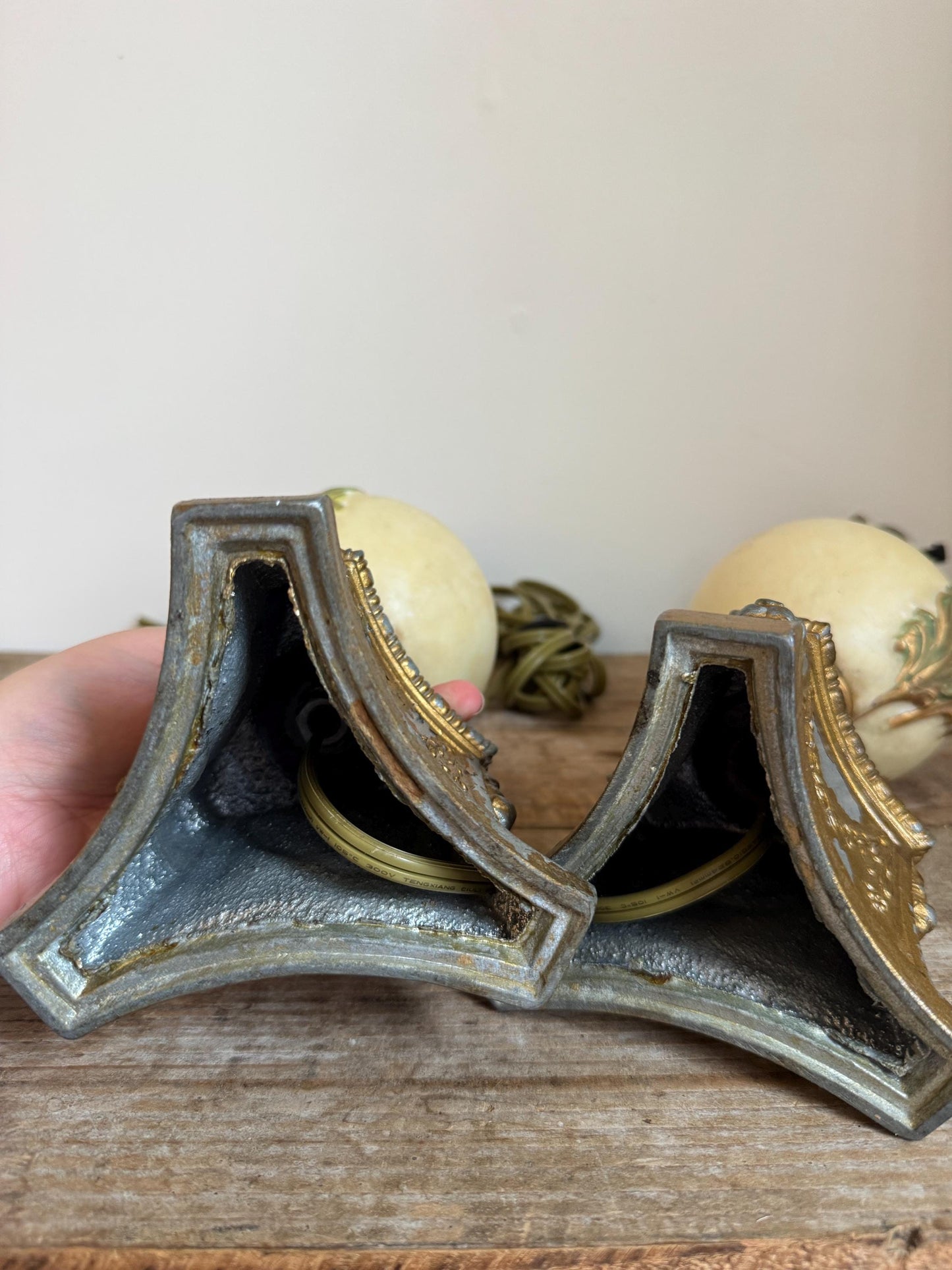 Antique Pair Chalkware Table Lamps Acanthus Leaf Relief Gilt Lion Mask Base
