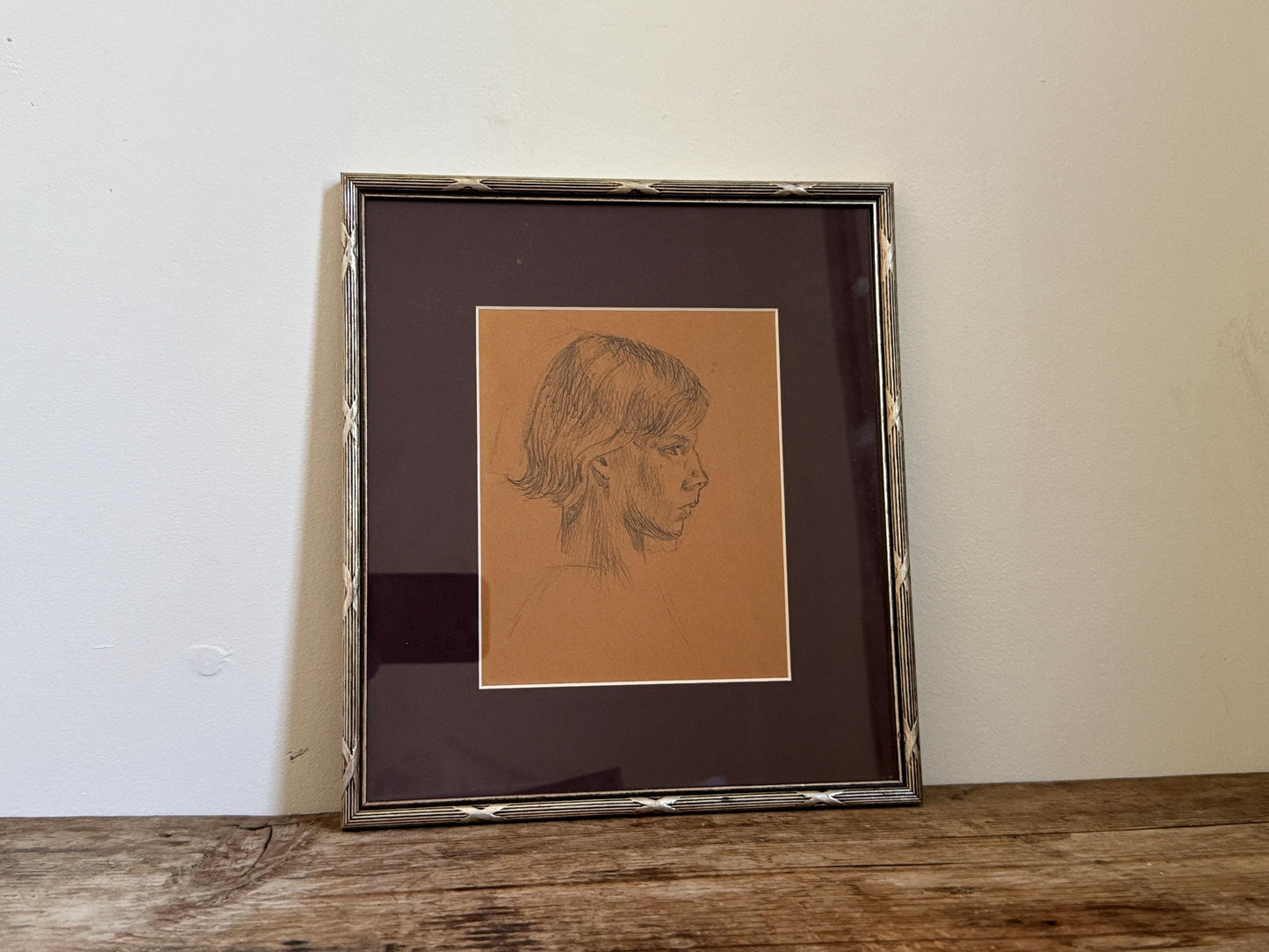Antique Pencil Portrait of a Woman in Silver Wool Frame Graphite Drawing Framed