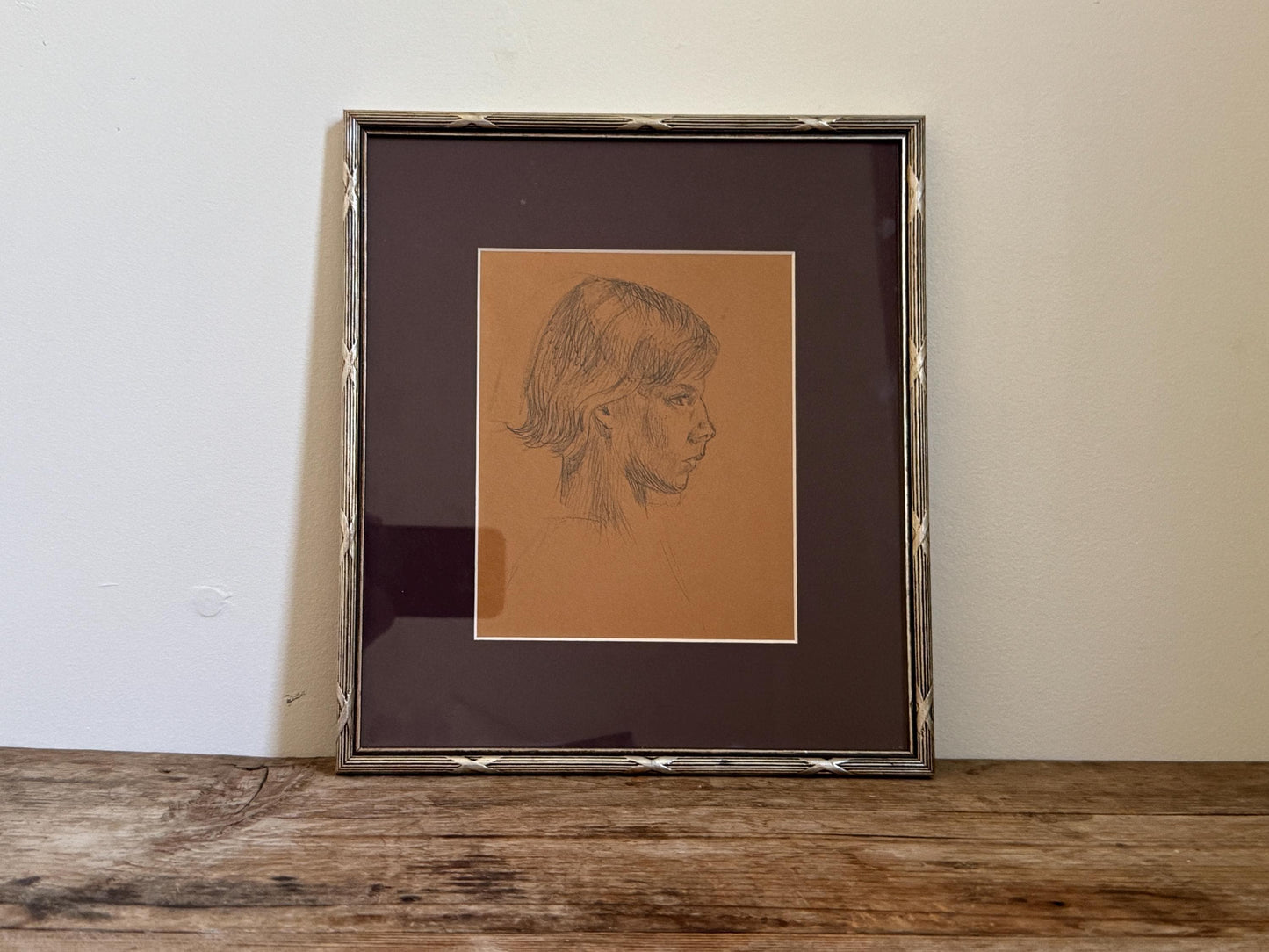 Antique Pencil Portrait of a Woman in Silver Wool Frame Graphite Drawing Framed