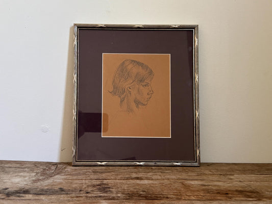 Antique Pencil Portrait of a Woman in Silver Wool Frame Graphite Drawing Framed