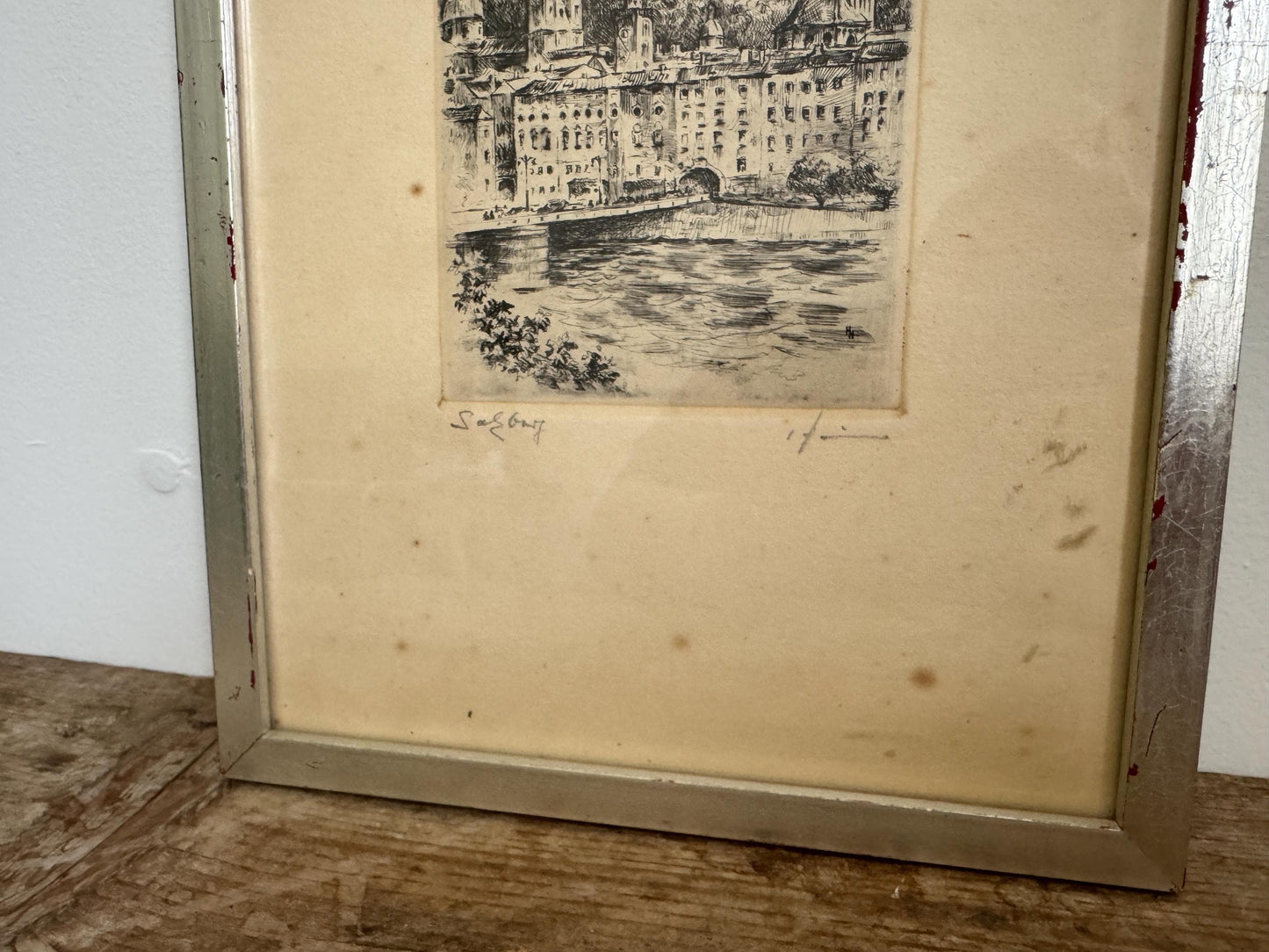 Vintage Pencil Signed Etching Silver Framed Print Salzburg Austria