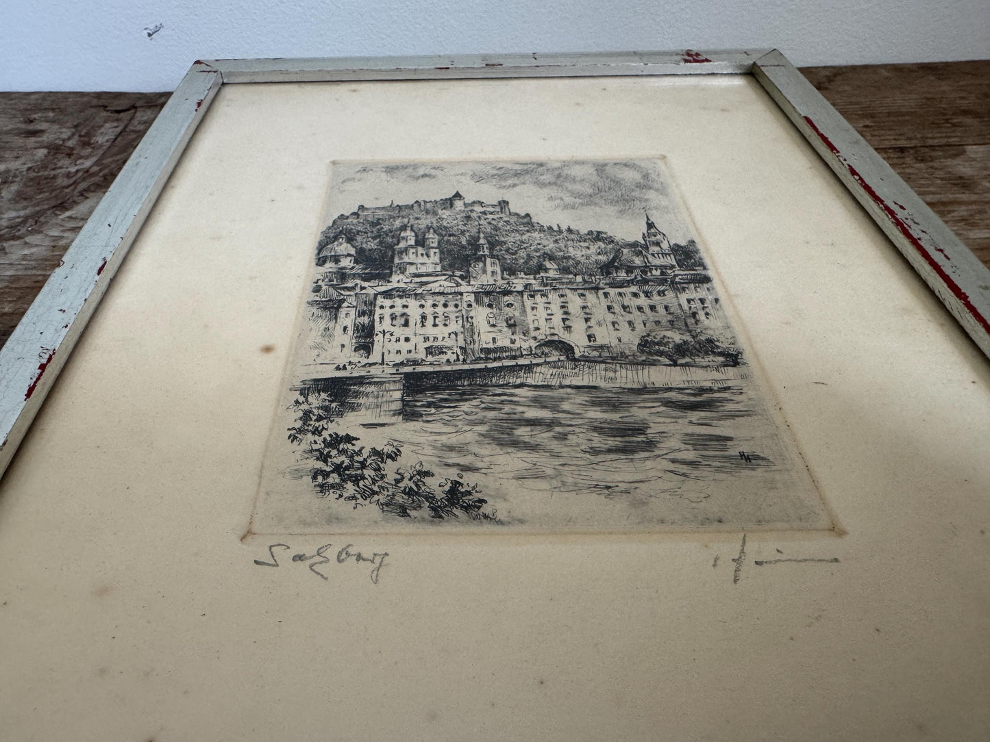 Vintage Pencil Signed Etching Silver Framed Print Salzburg Austria