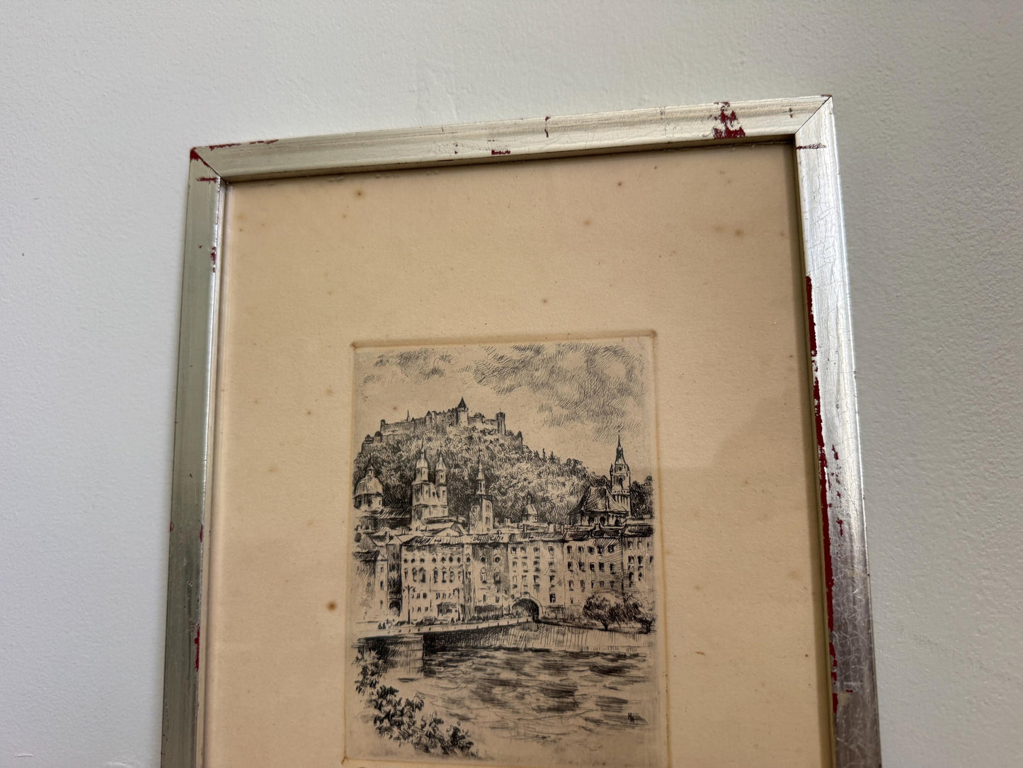 Vintage Pencil Signed Etching Silver Framed Print Salzburg Austria
