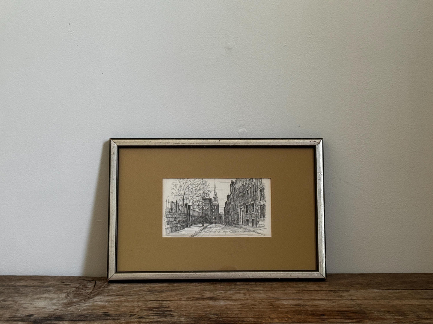 Vintage Silver Framed Old North Church Boston MA C.M. Goff Etching Mat Small Art
