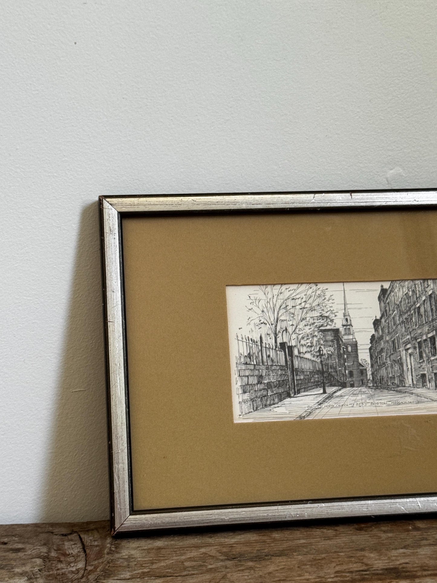 Vintage Silver Framed Old North Church Boston MA C.M. Goff Etching Mat Small Art