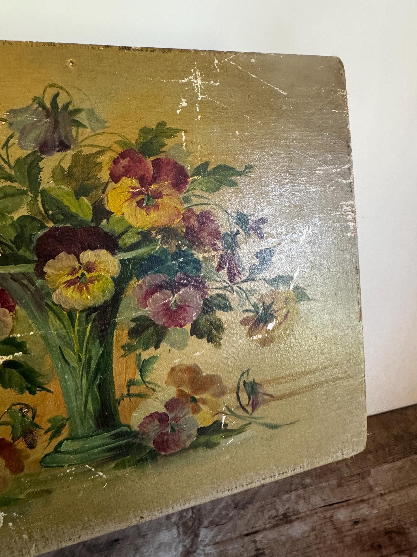 Antique Oil Painting on Panel Floral Pansies Still Life in Vase Unframed Hobby Painting Vintage Distressed Wall Art