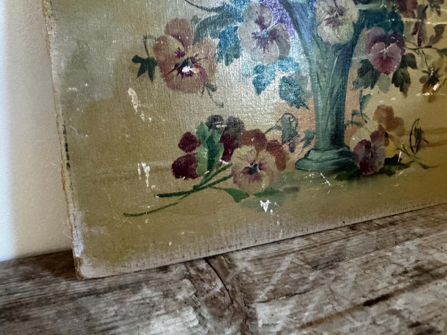 Antique Oil Painting on Panel Floral Pansies Still Life in Vase Unframed Hobby Painting Vintage Distressed Wall Art