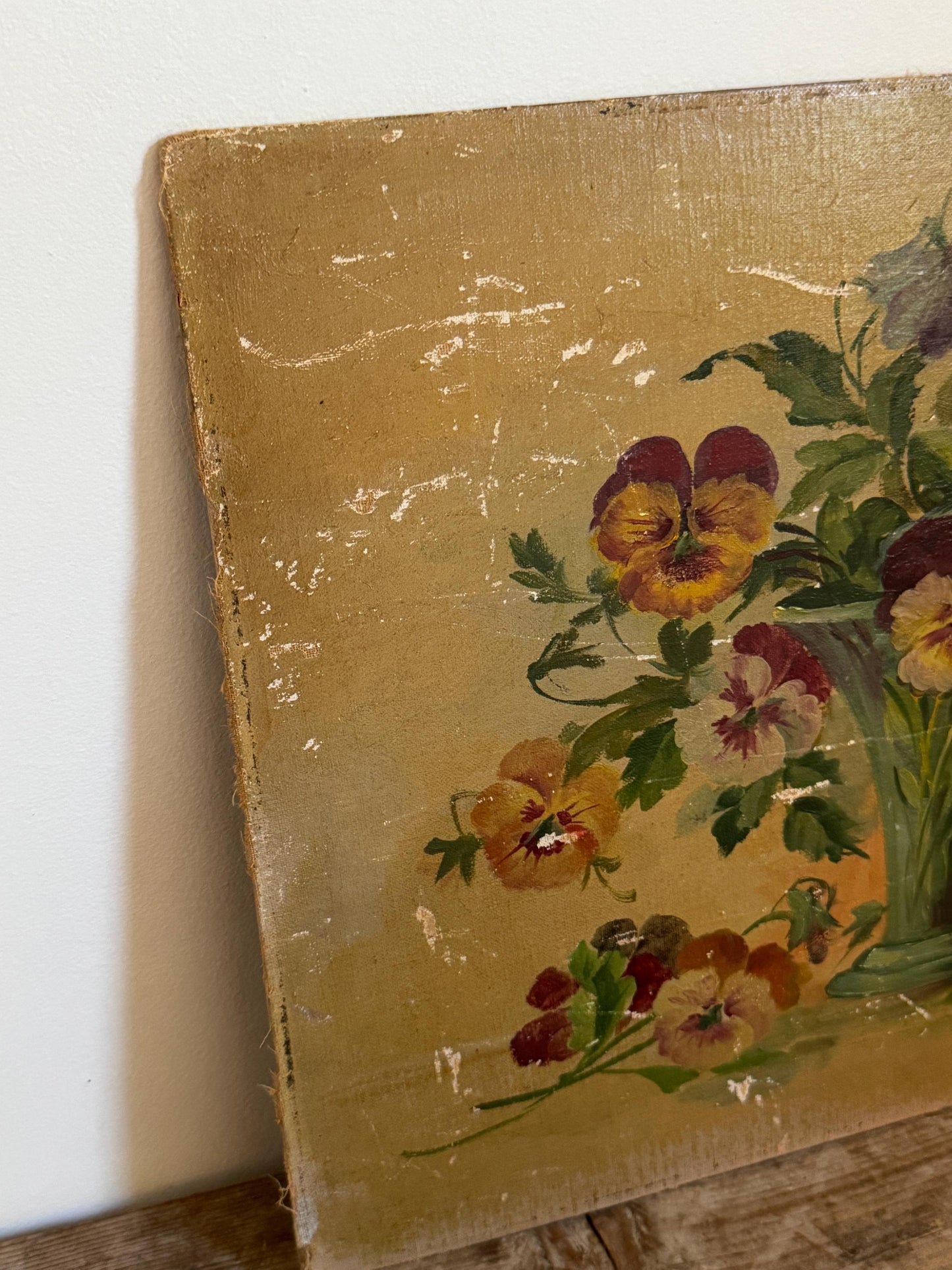 Antique Oil Painting on Panel Floral Pansies Still Life in Vase Unframed Hobby Painting Vintage Distressed Wall Art