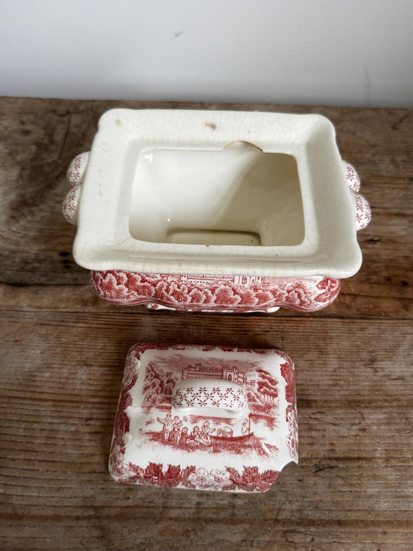 Antique Red Transferware Covered Sugar Bowl Double Handle Ironstone Gravy Spoon Slot