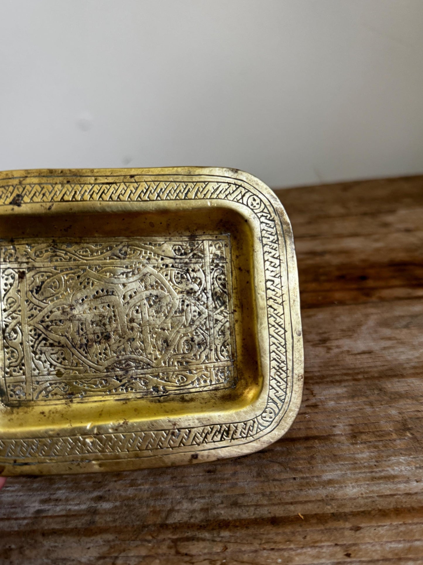 Vintage Engraved Brass Tray Middle Eastern Islamic Cairoware Trinket Dish Small Vide Poche
