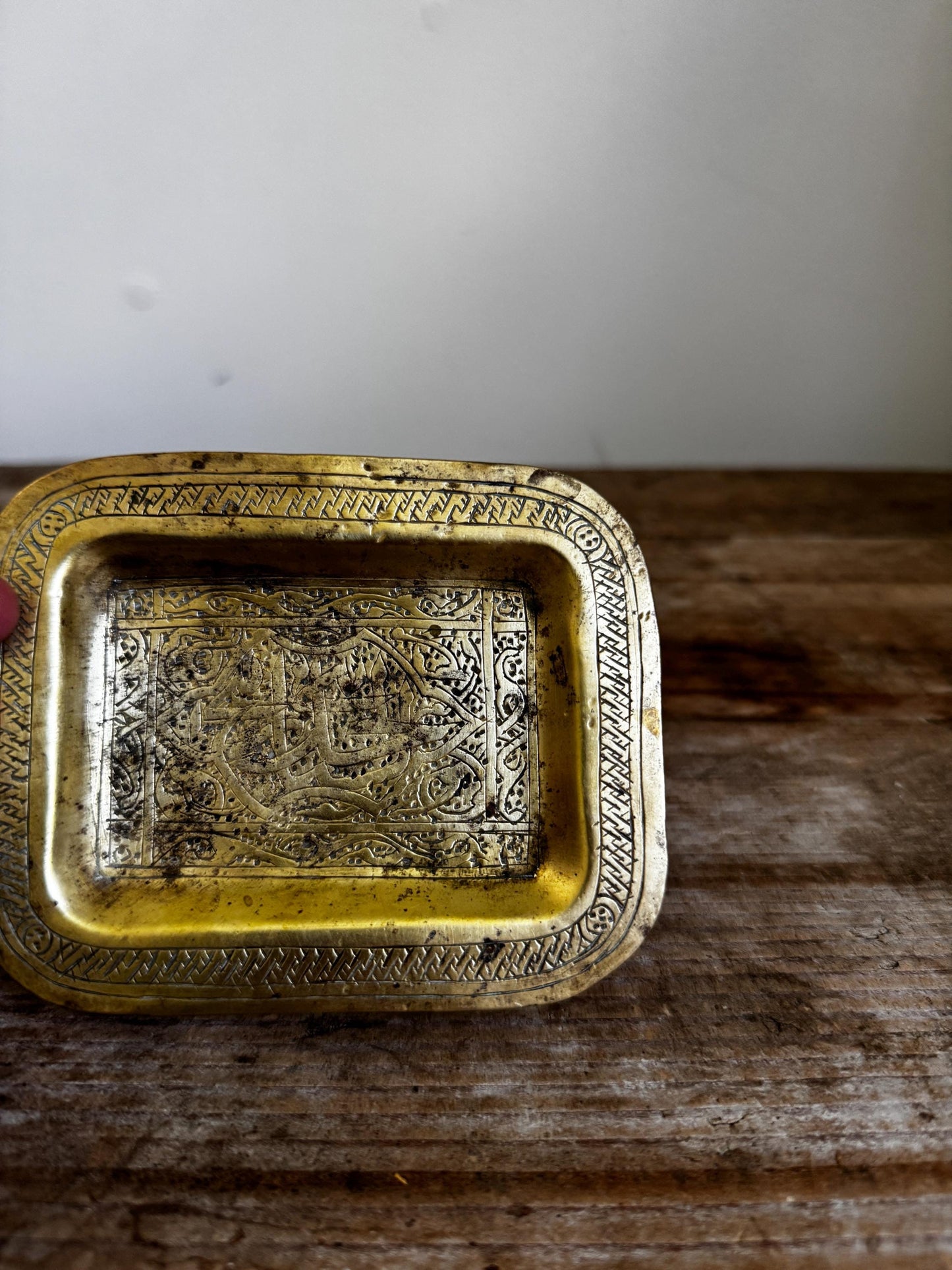 Vintage Engraved Brass Tray Middle Eastern Islamic Cairoware Trinket Dish Small Vide Poche
