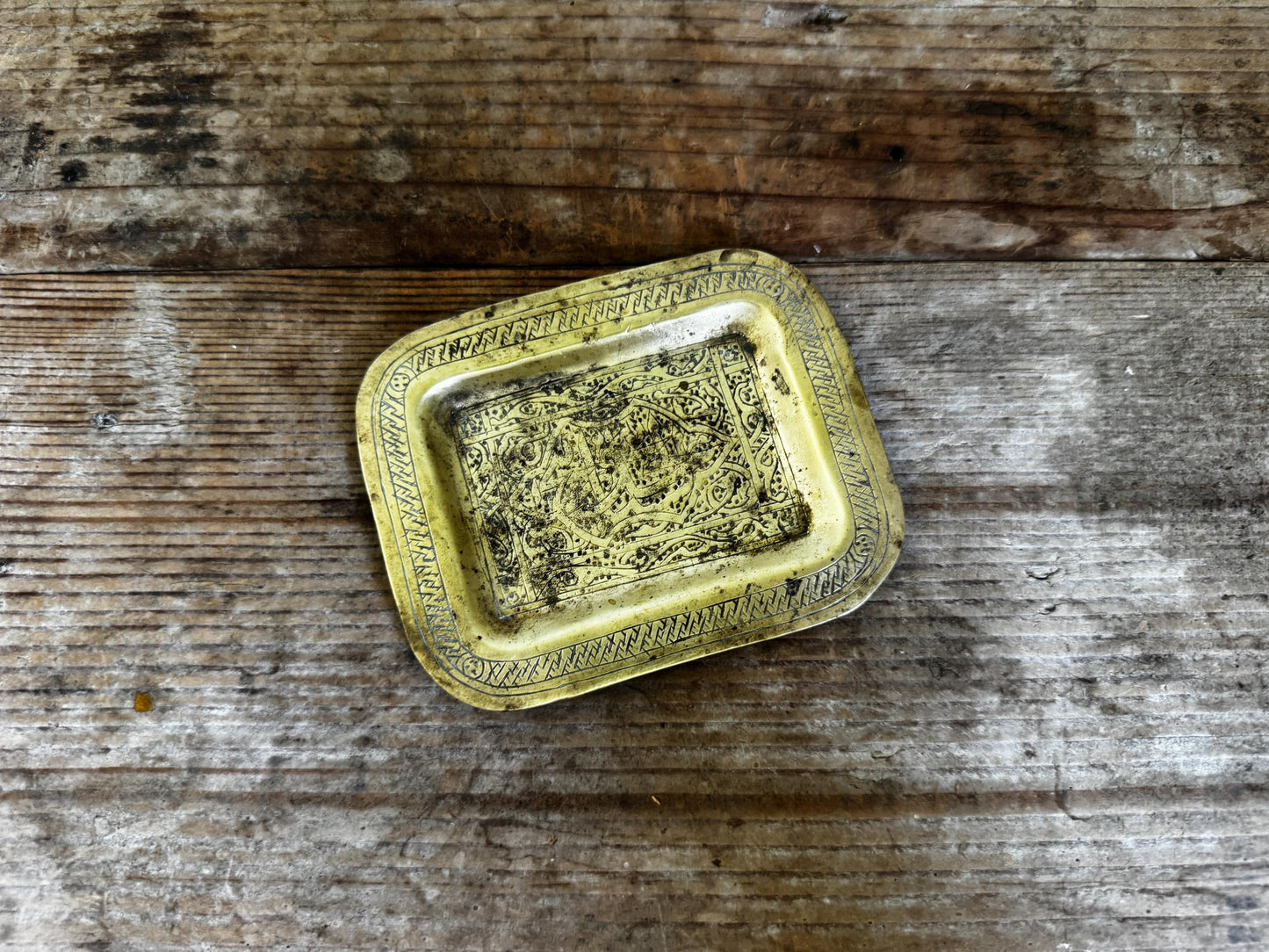 Vintage Engraved Brass Tray Middle Eastern Islamic Cairoware Trinket Dish Small Vide Poche